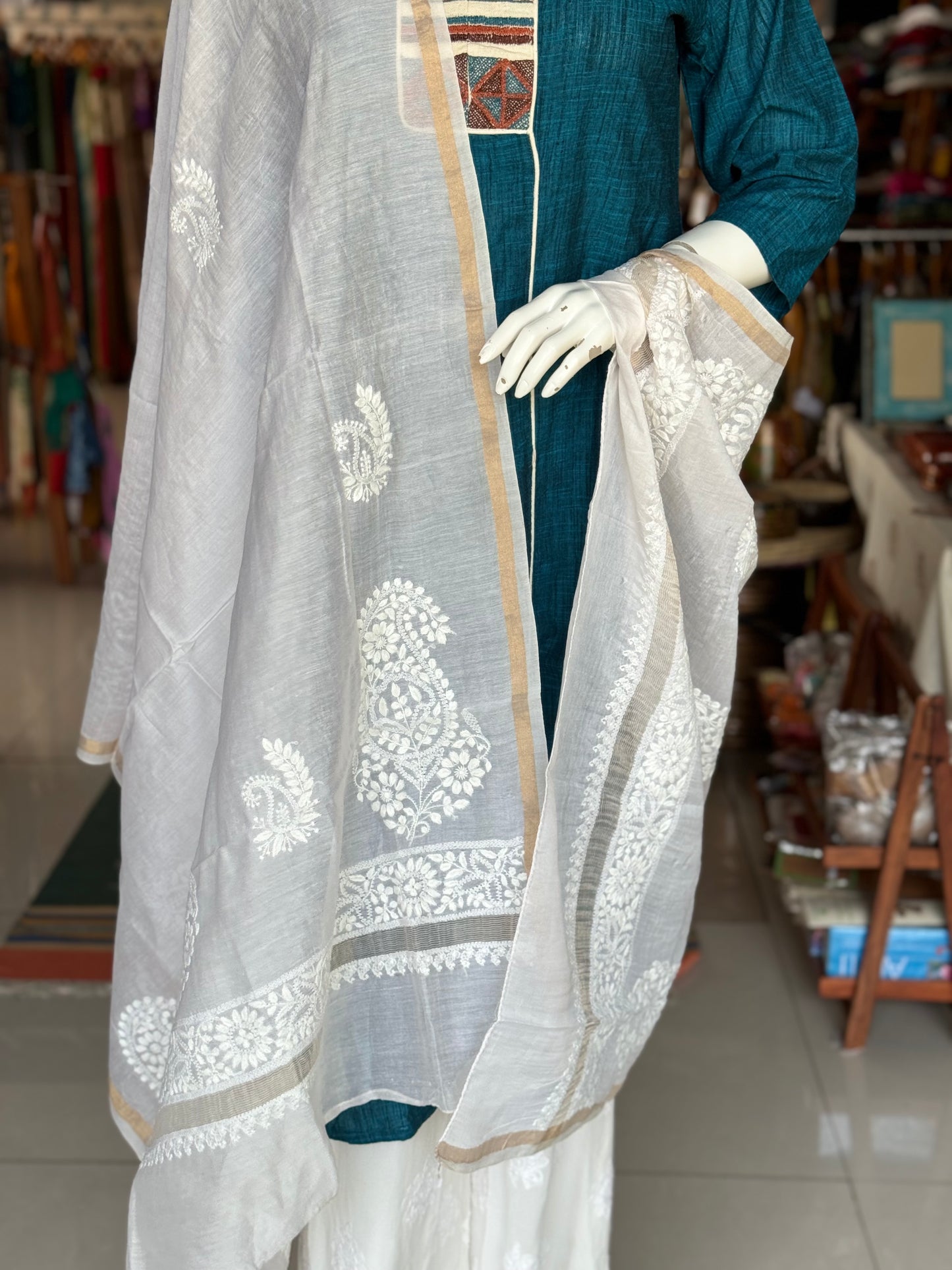Chikankari hand embroidered Chanderi dupatta