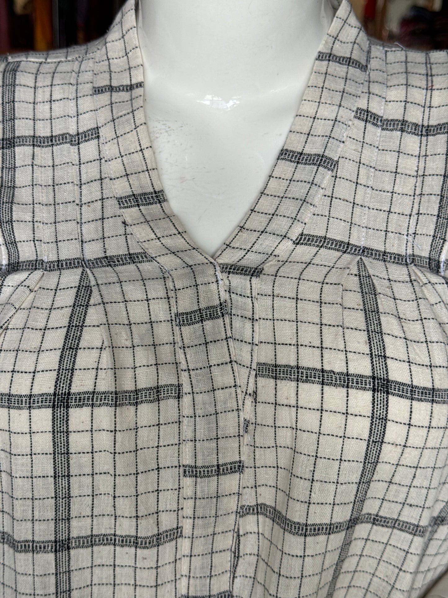 Short dress - Off white checks kala cotton, handwoven