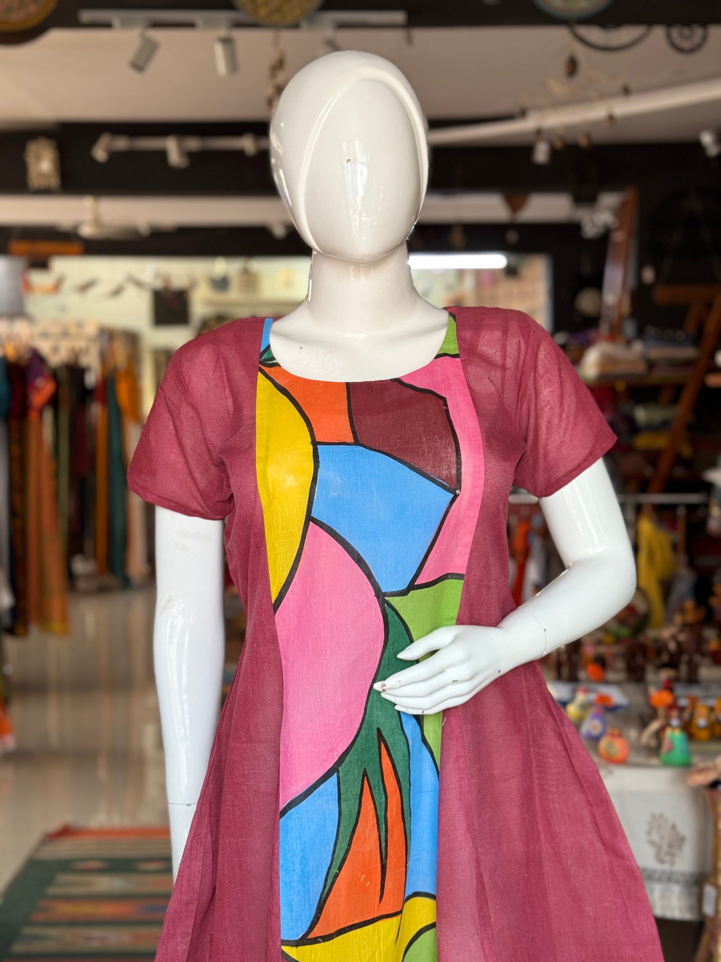 Maroon hand painted colorful center panel cotton A-line dress