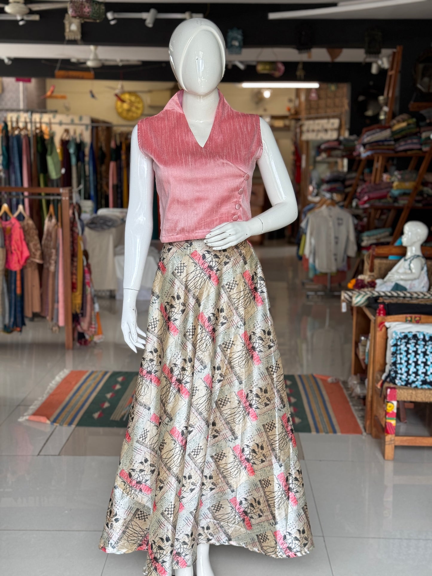 Golden beige digital print free size long skirt / lehenga