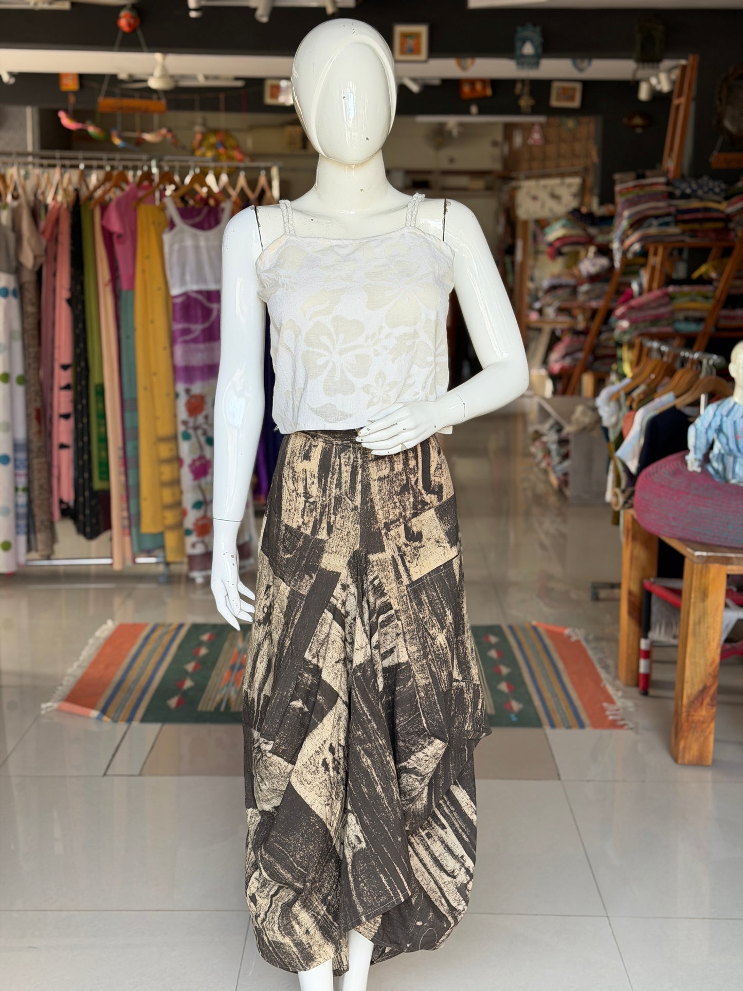 Black and beige Ajrakh natural dyed, hand block printed cotton designer skirt - with pockets