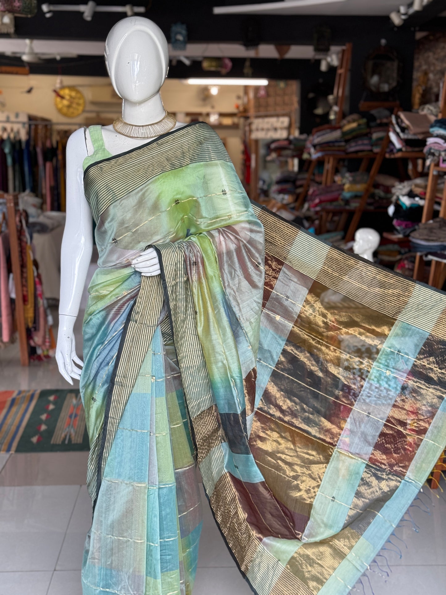 Multi color star buti stripes silk cotton Maheshwari handloom saree