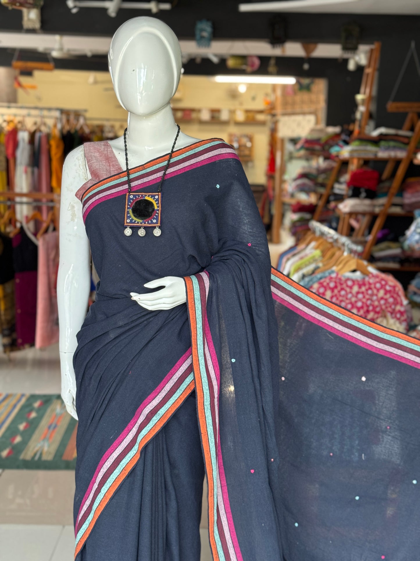 Kala cotton hand woven saree with mirror embroidery on palla and colorful borders - multiple shades available