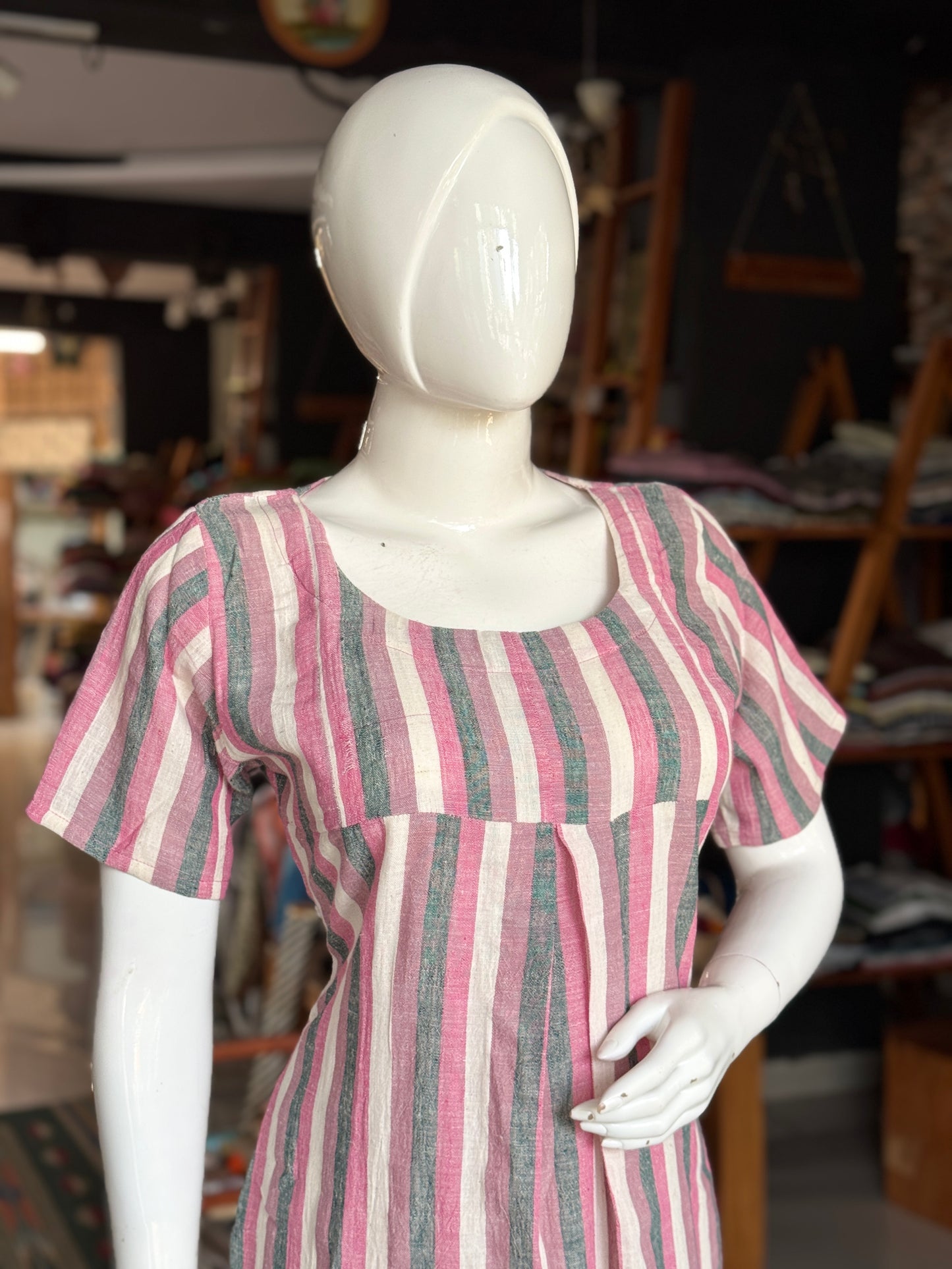 Pink, purple and white stripes kala cotton, handwoven kurti with front pleat