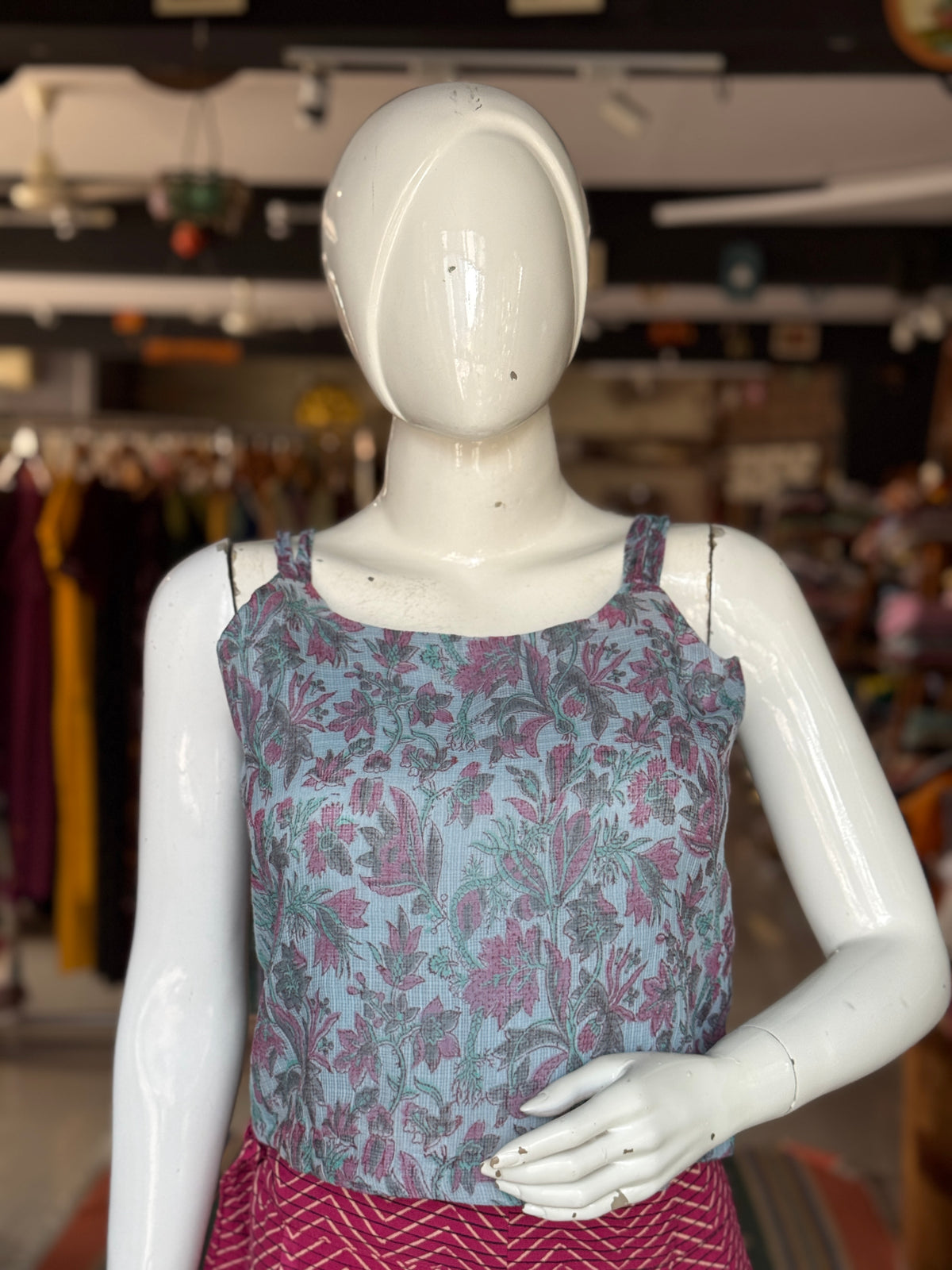Pastel blue floral hand block printed light and soft kota doria cotton crop top with braided straps