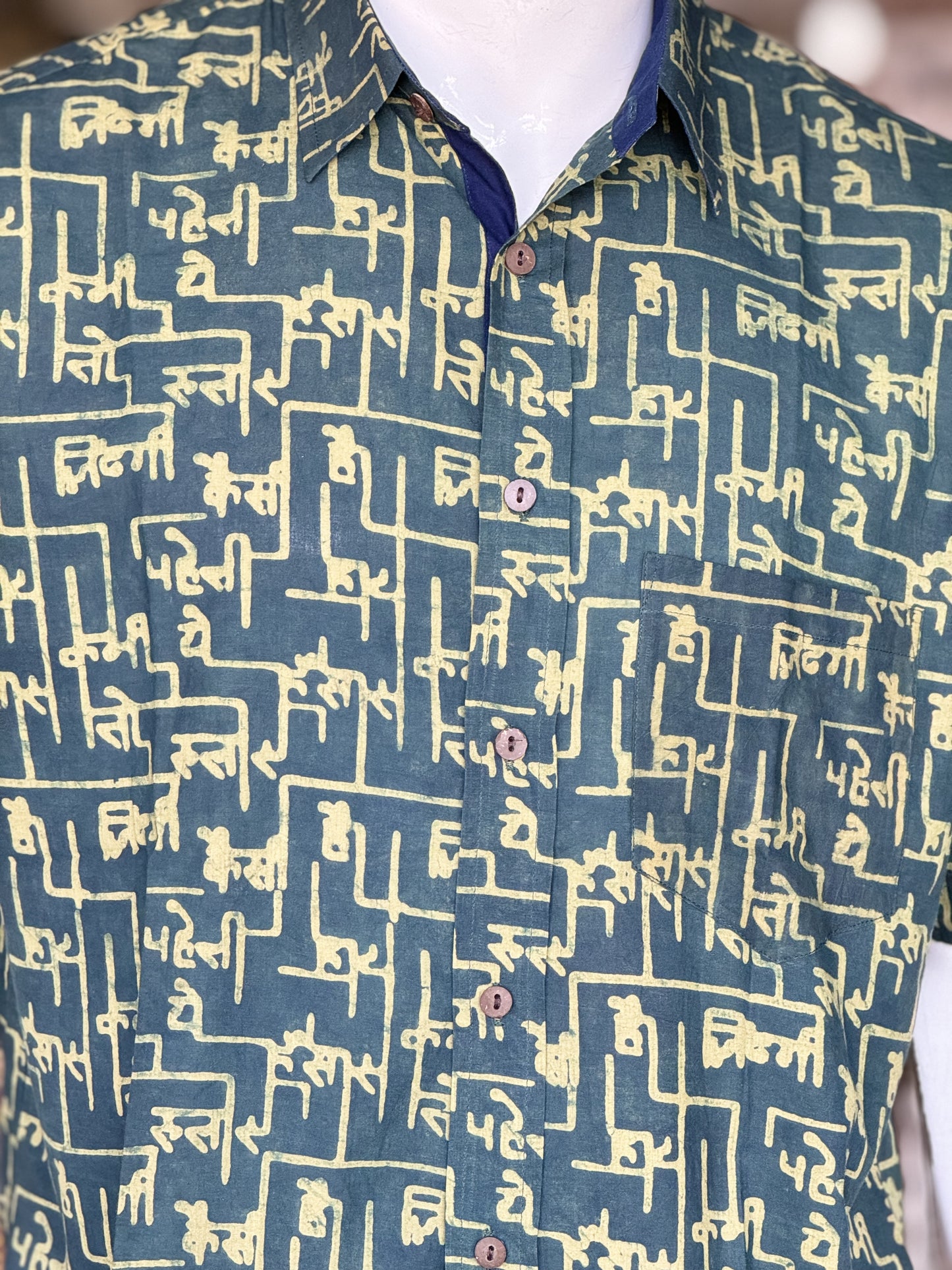 Green maze print half sleeves mens natural dye, hand block printed cotton shirt