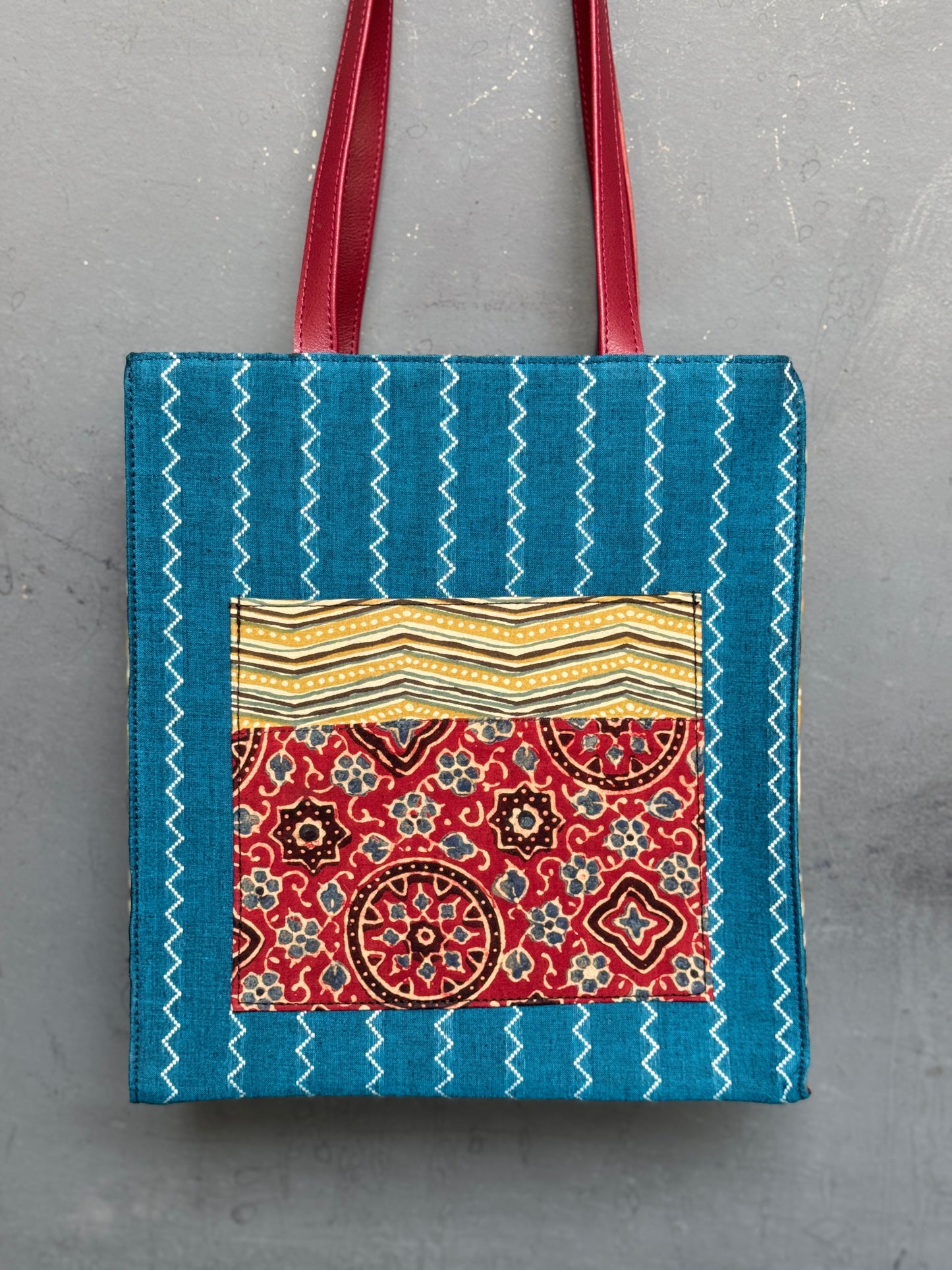 Wide base hand block printed, fabric tote bag with front patch pocket