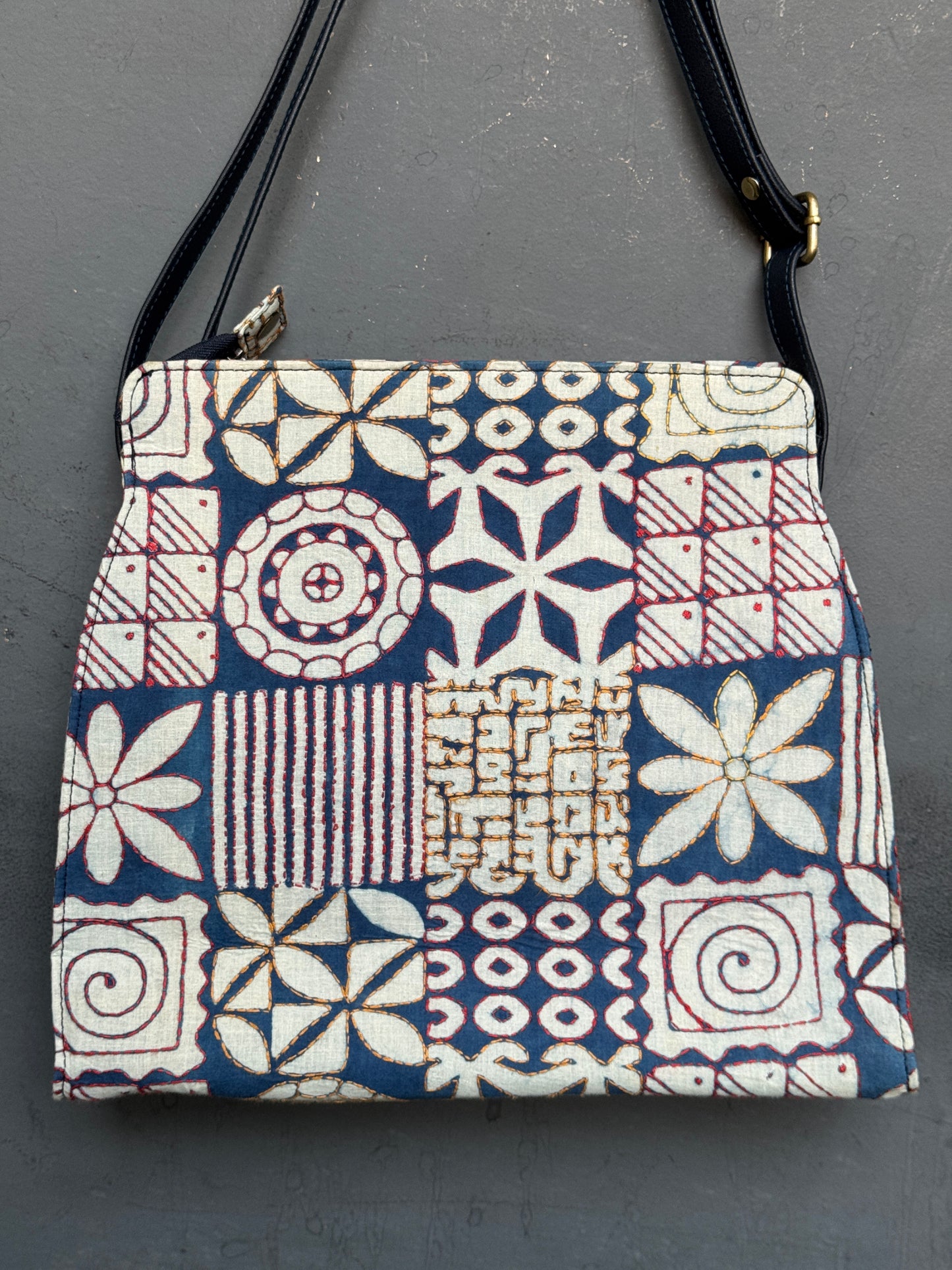 Kantha hand embroidered printed fabric sling bag with adjustable straps