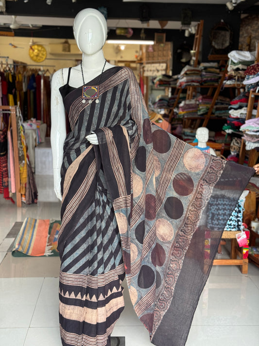Black and Indigo stripes and circles design Ajrakh hand block printed soft mul cotton saree