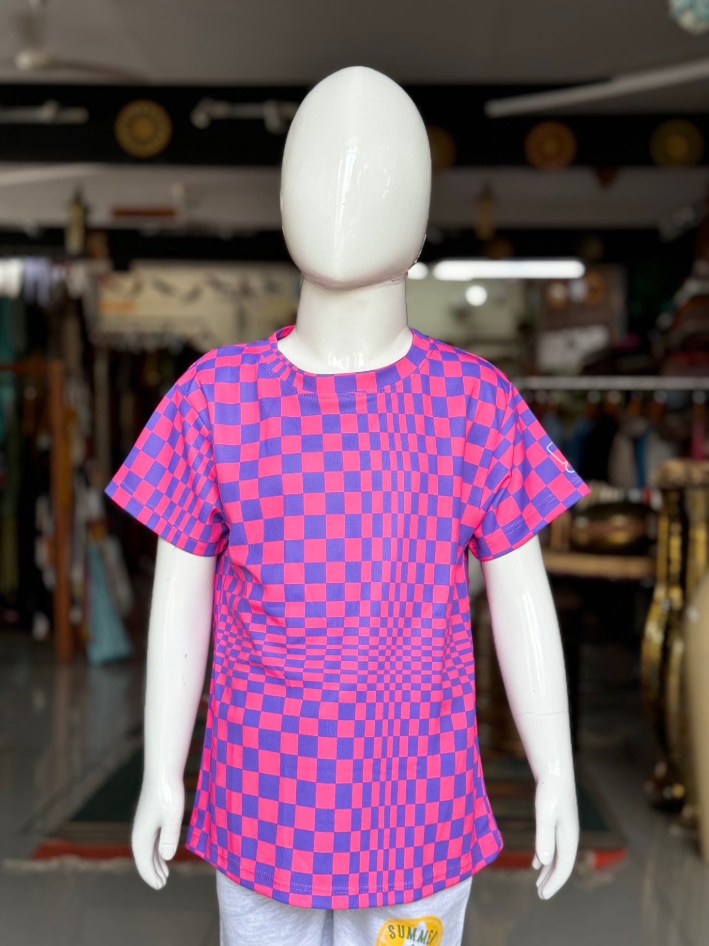 Pink checkered dry fit sports tee for girls