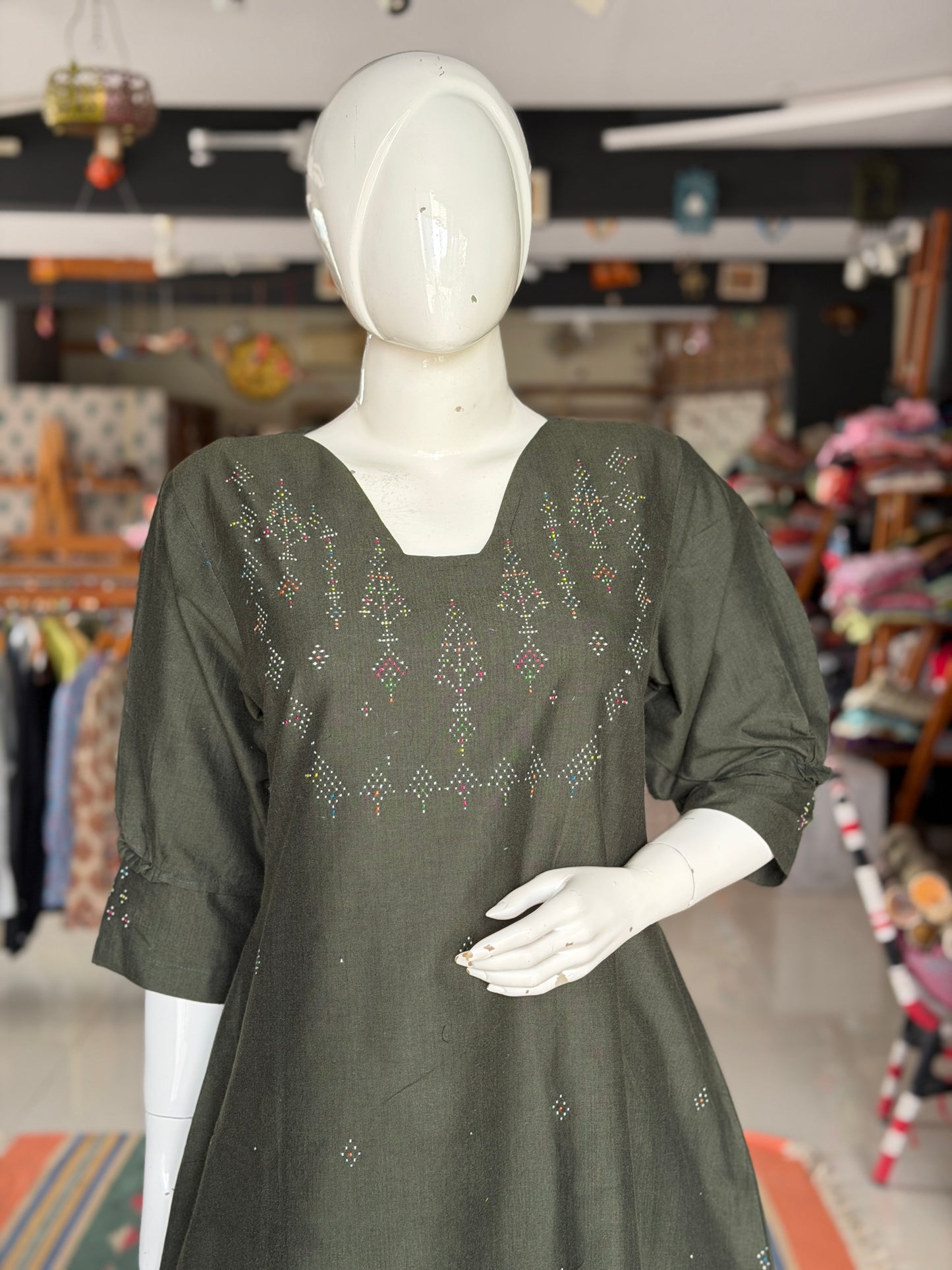 Dark green Tangaliya trees design handwoven cotton a-line kurti / dress