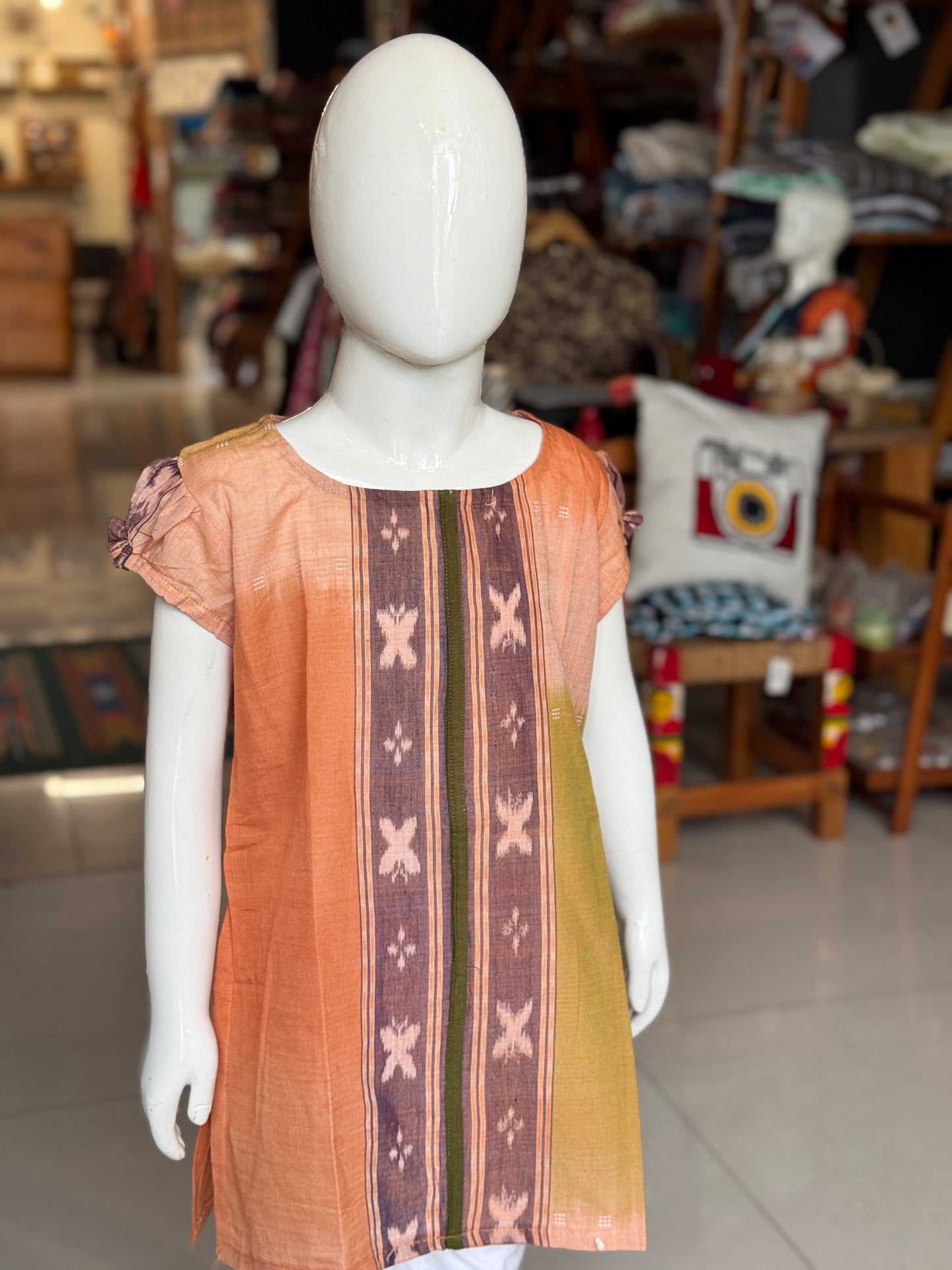 Orange mauve handloom ikat cotton straight cut kurti for girls