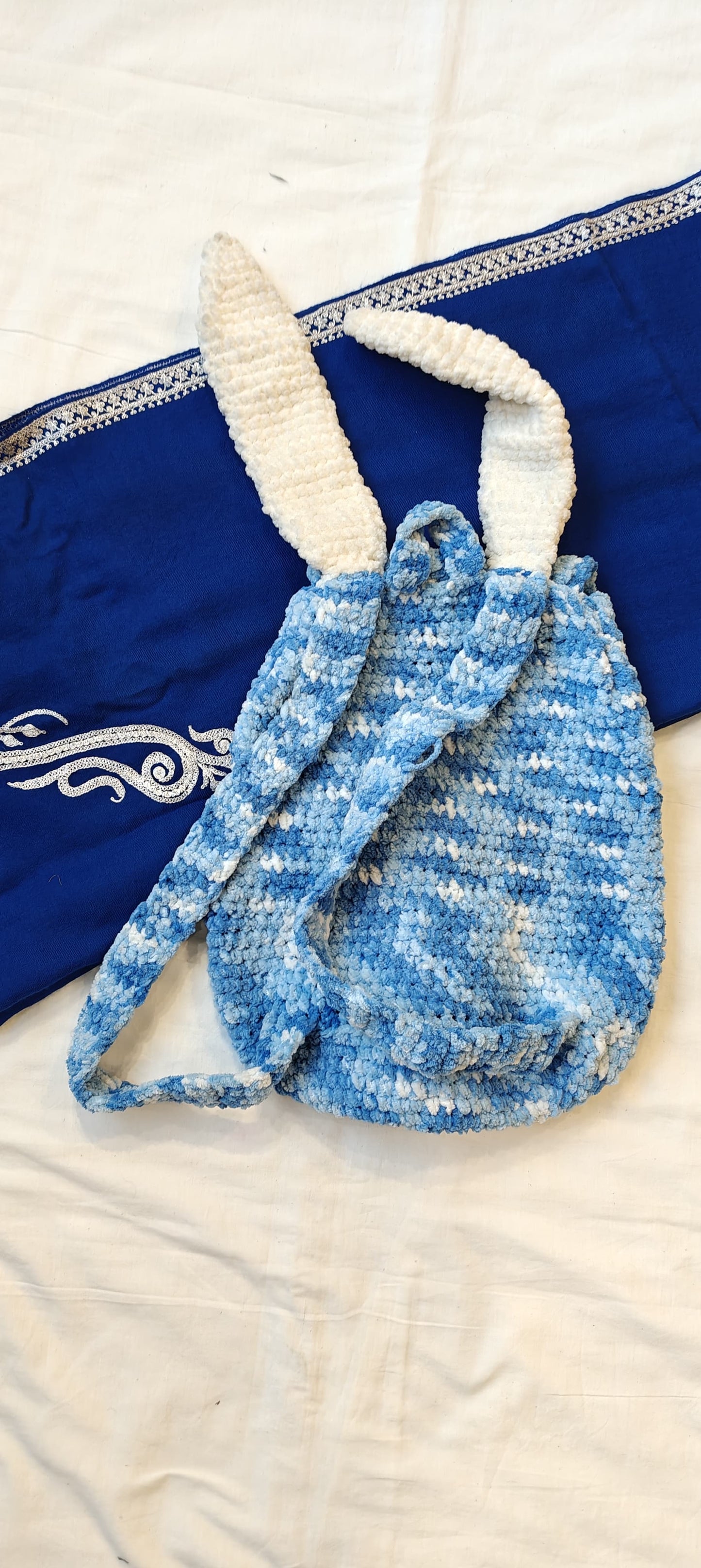 Bunny rabbit backpack bag in soft velvet yarn - hand crochet