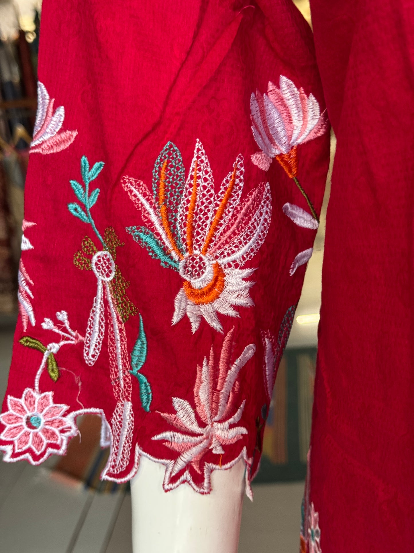 Pinkish red collared jacquard cotton embroidered top with long sleeves and pants - coord set