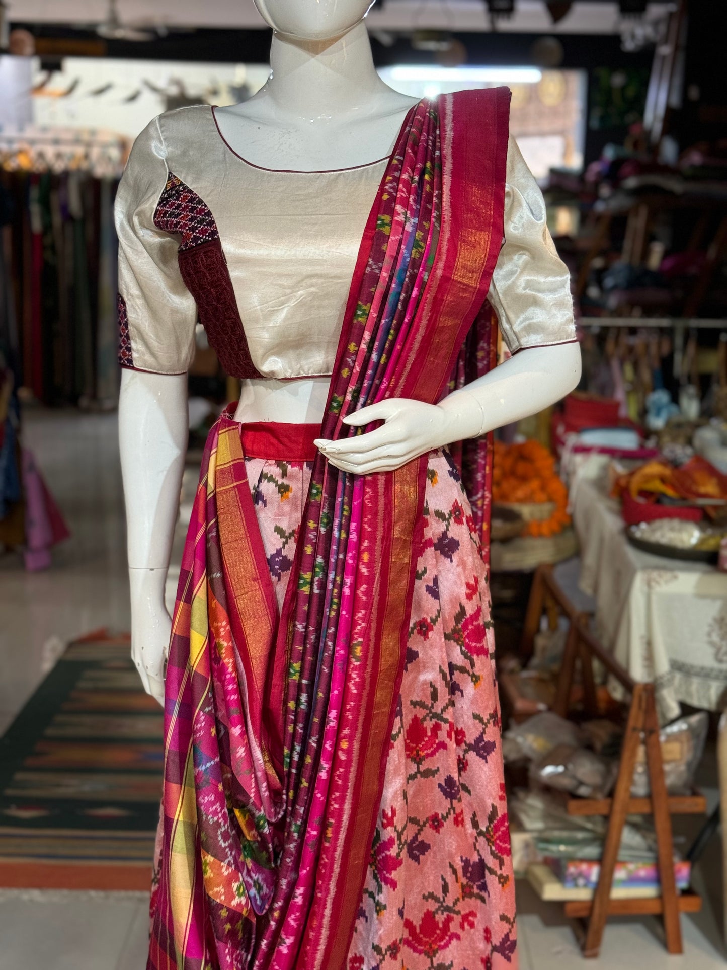 Off white mashru blouse with colorful embroidered on front and sleeves