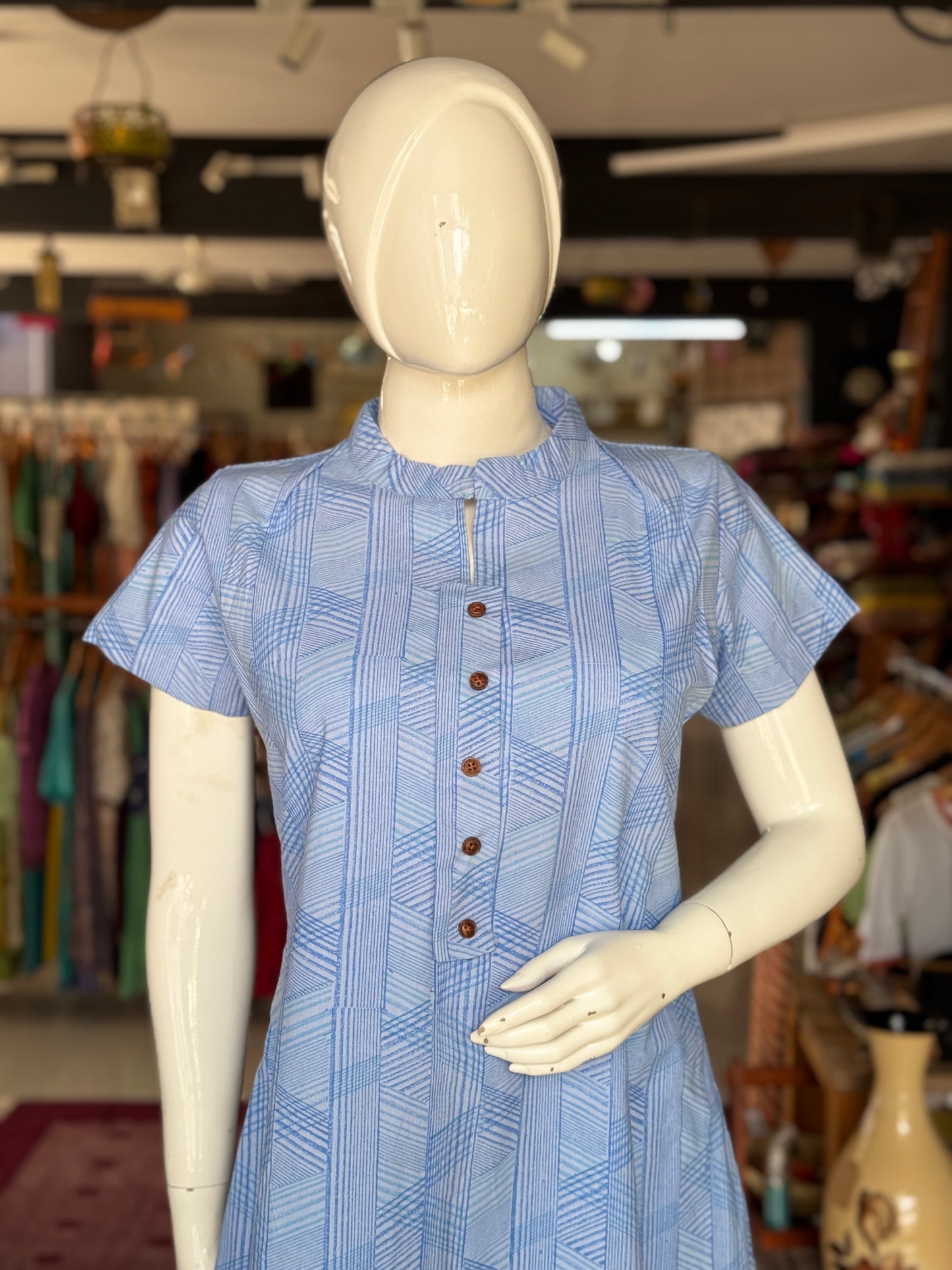 Blue geometric print cotton hand block printed dress with fancy placket