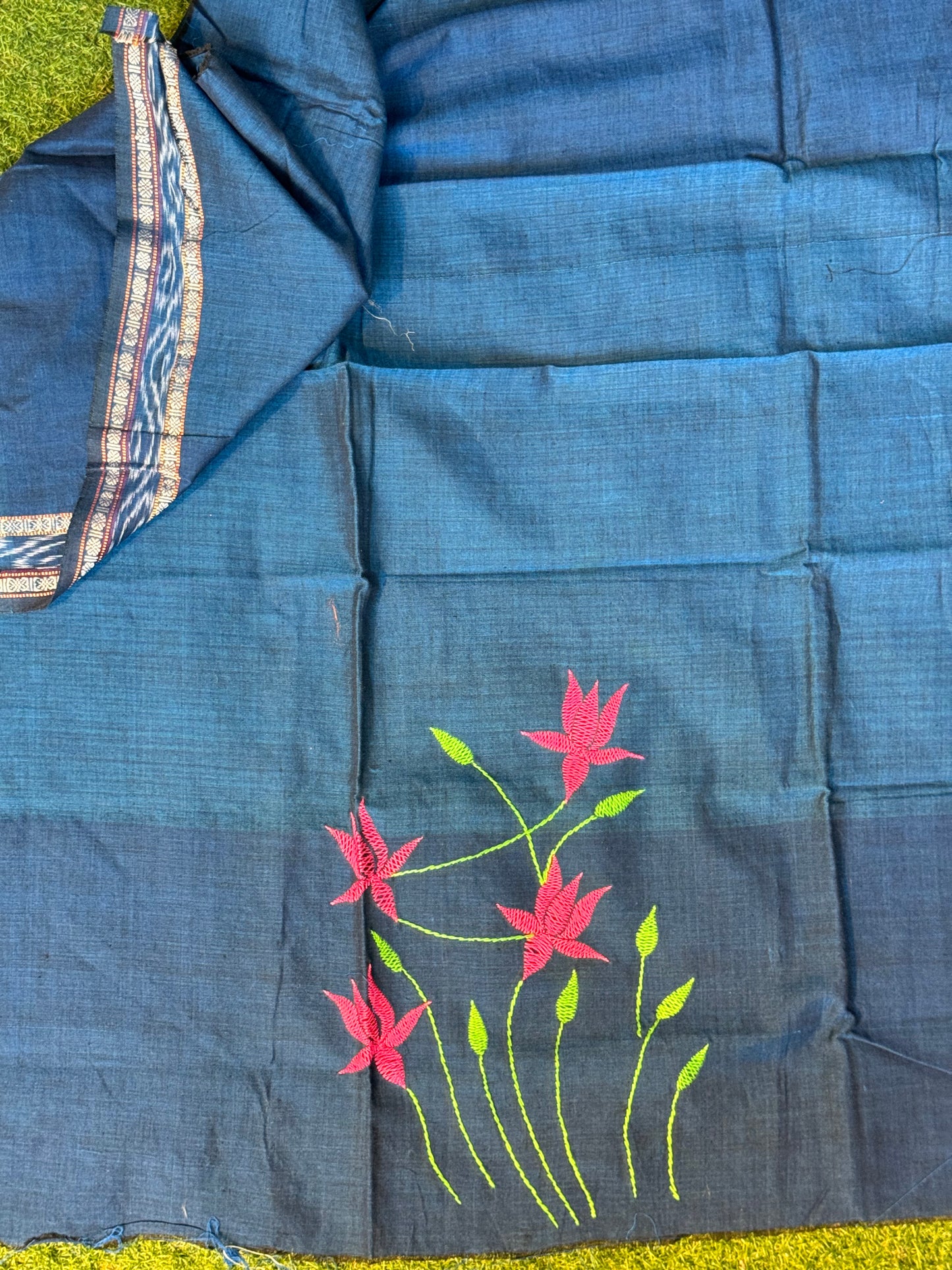 Hand painted / embroidered on handloom cotton - unstitched blouse fabric