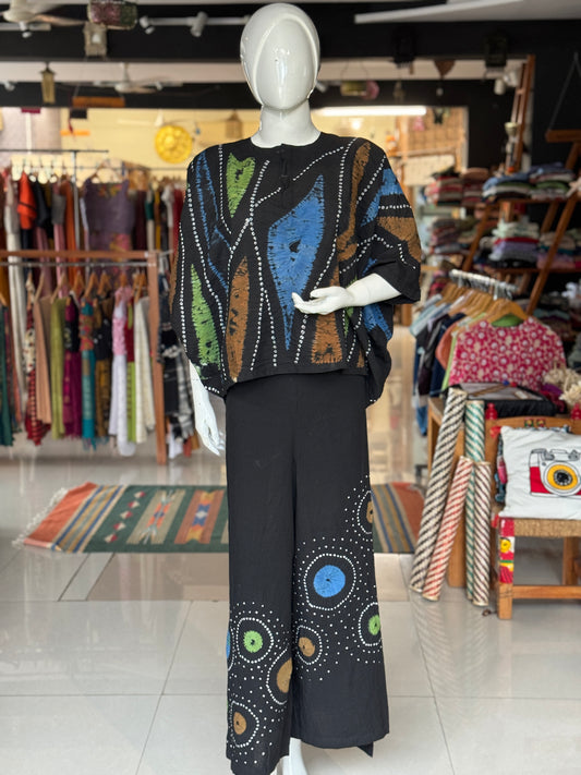Black placement bandini cotton wrap pants with hand tie n dye design - free size