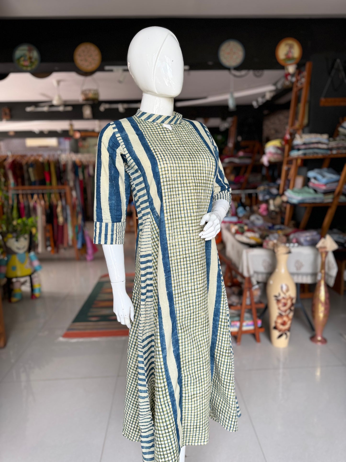 Blue green stripes and checks hand block printed designer cotton dress with band collar