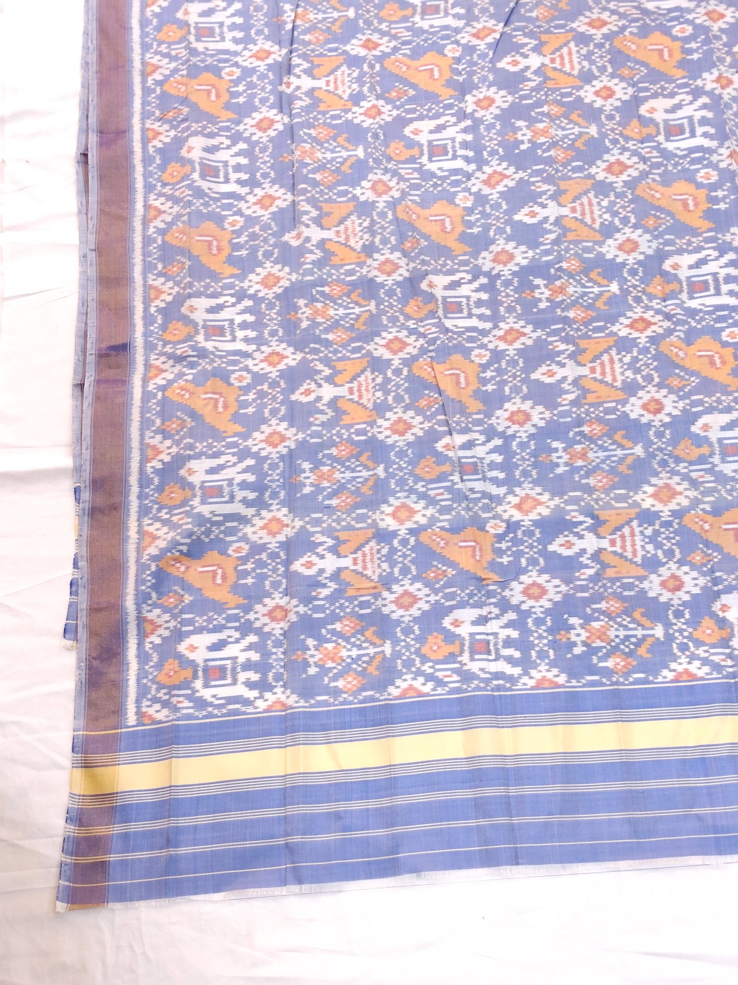 Light blue birds and elephants motifs handwoven mulberry silk ikat patola dupatta