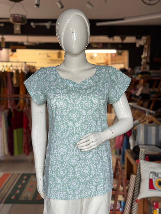 Pastel green floral hand block print cotton top
