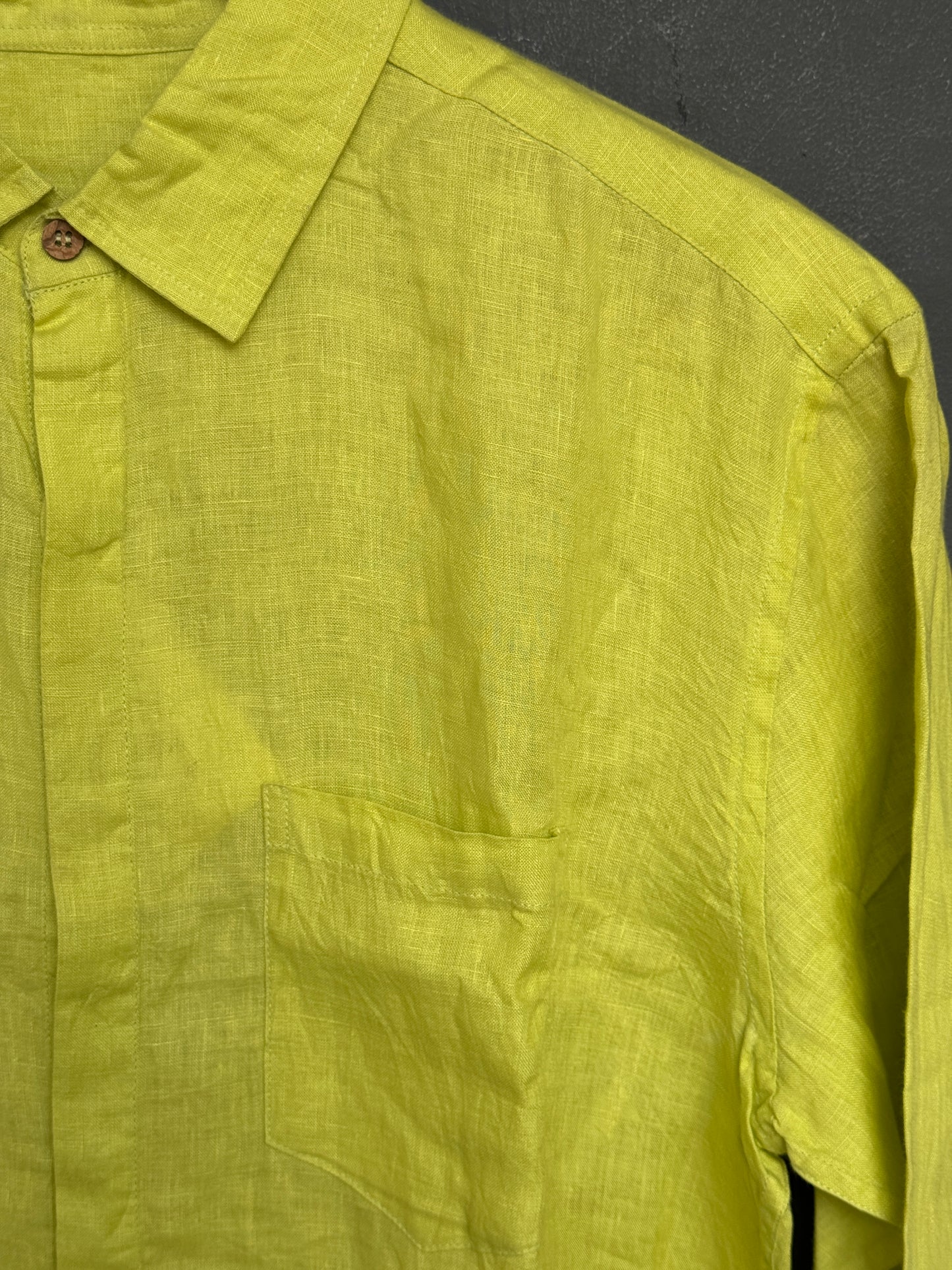 Neon green handwoven linen collared shirt for men with wooden buttons