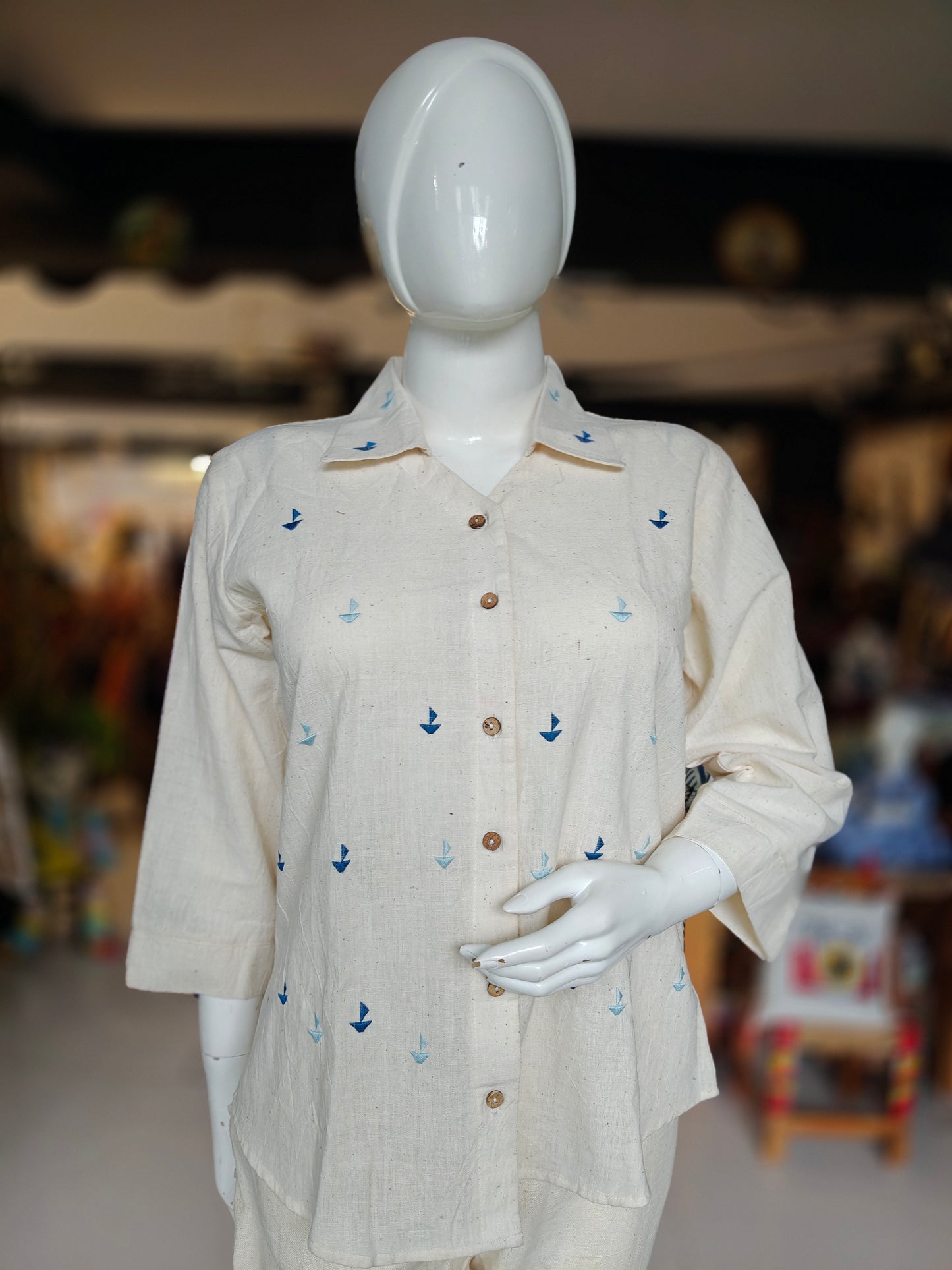 Hand embroidered Off white organic kala cotton shirt for women