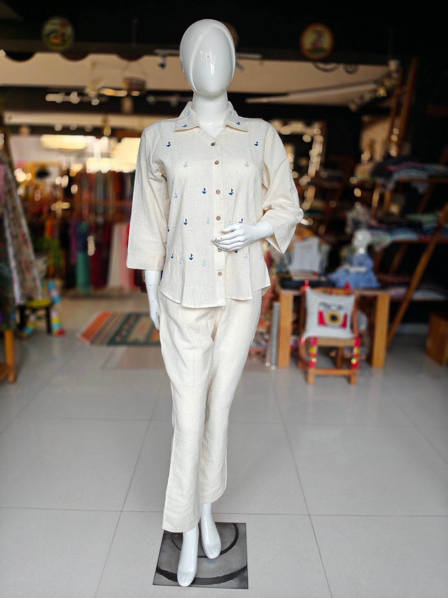 Hand embroidered Off white organic kala cotton shirt for women