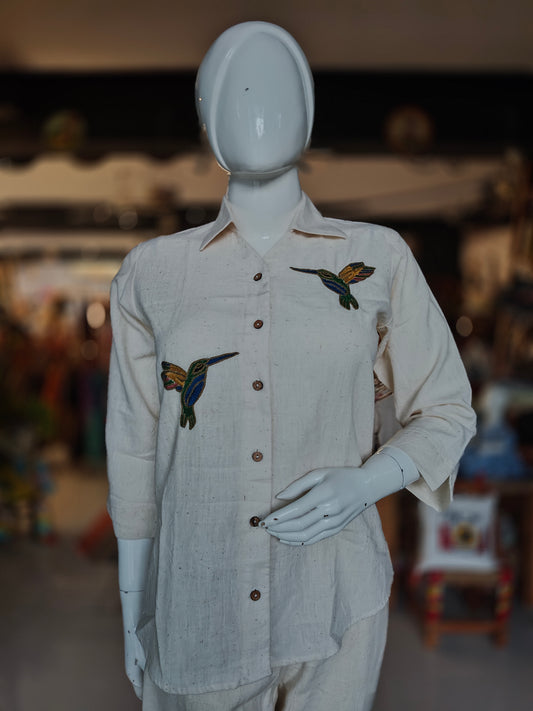 Hand embroidered Off white organic kala cotton shirt for women