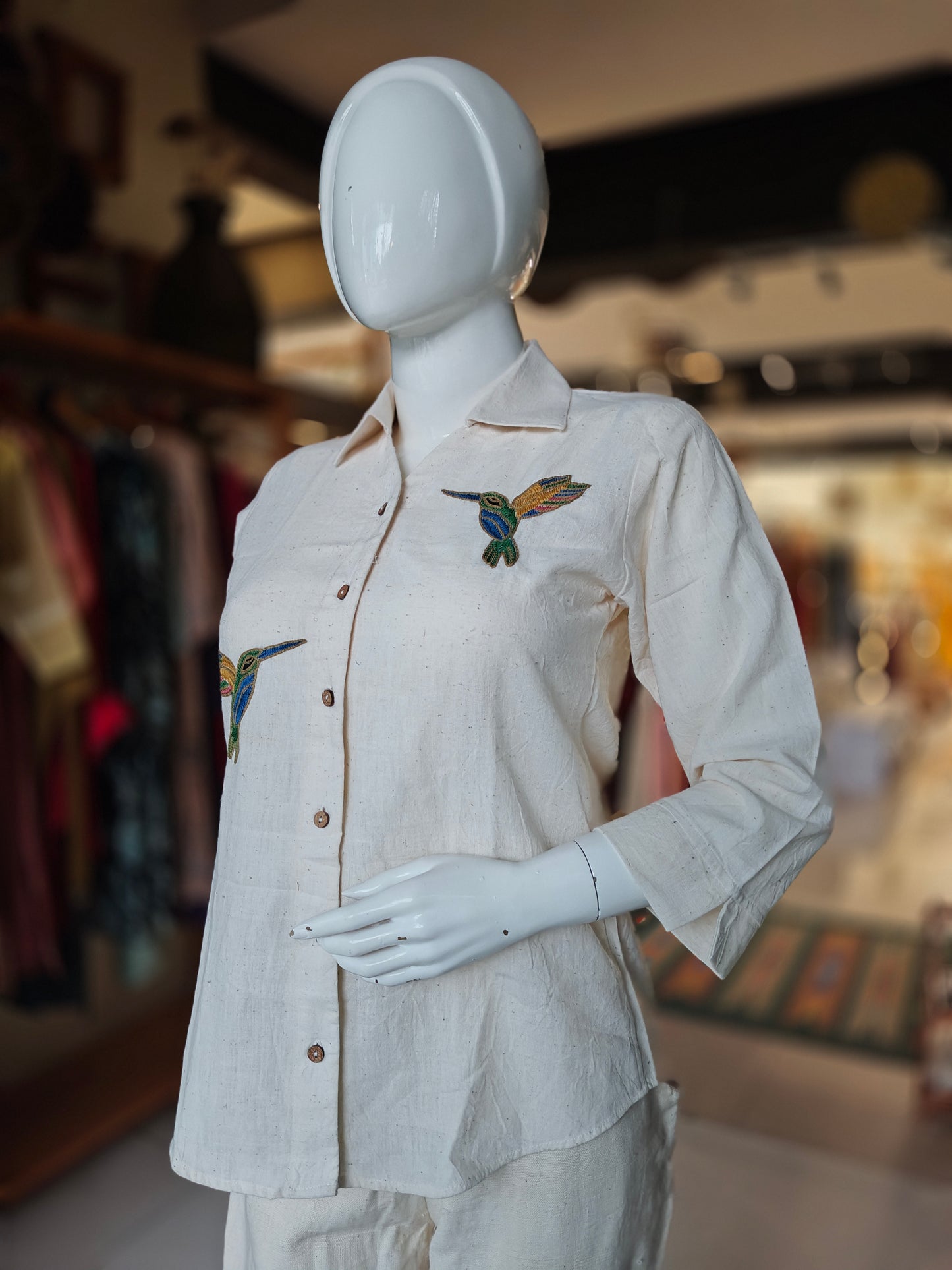 Hand embroidered Off white organic kala cotton shirt for women