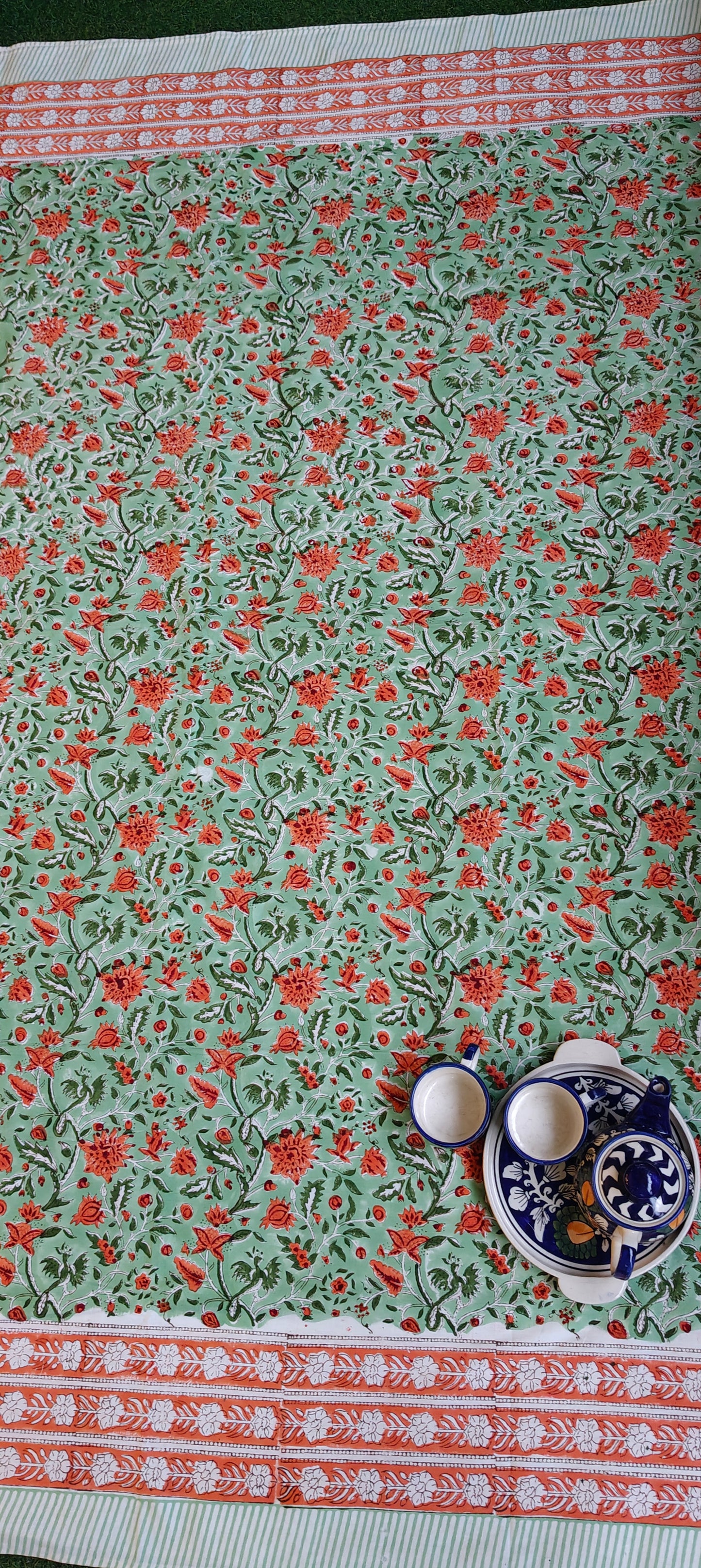 Floral hand block printed cotton 8 seater table cover with borders