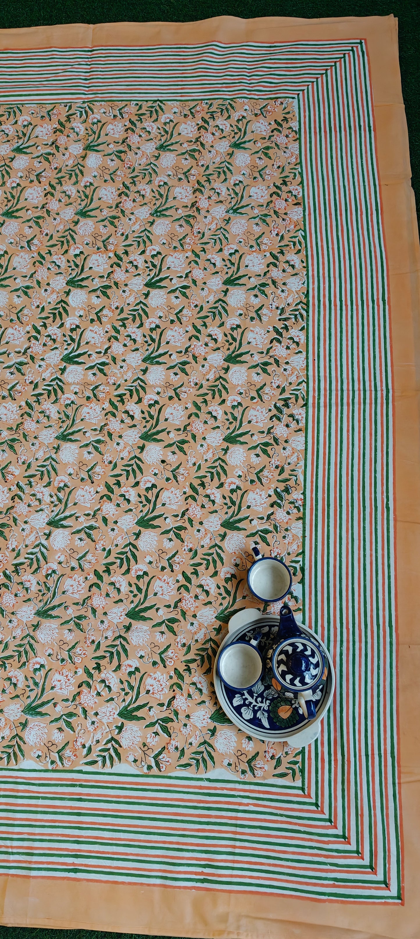 Floral hand block printed cotton 8 seater table cover with borders