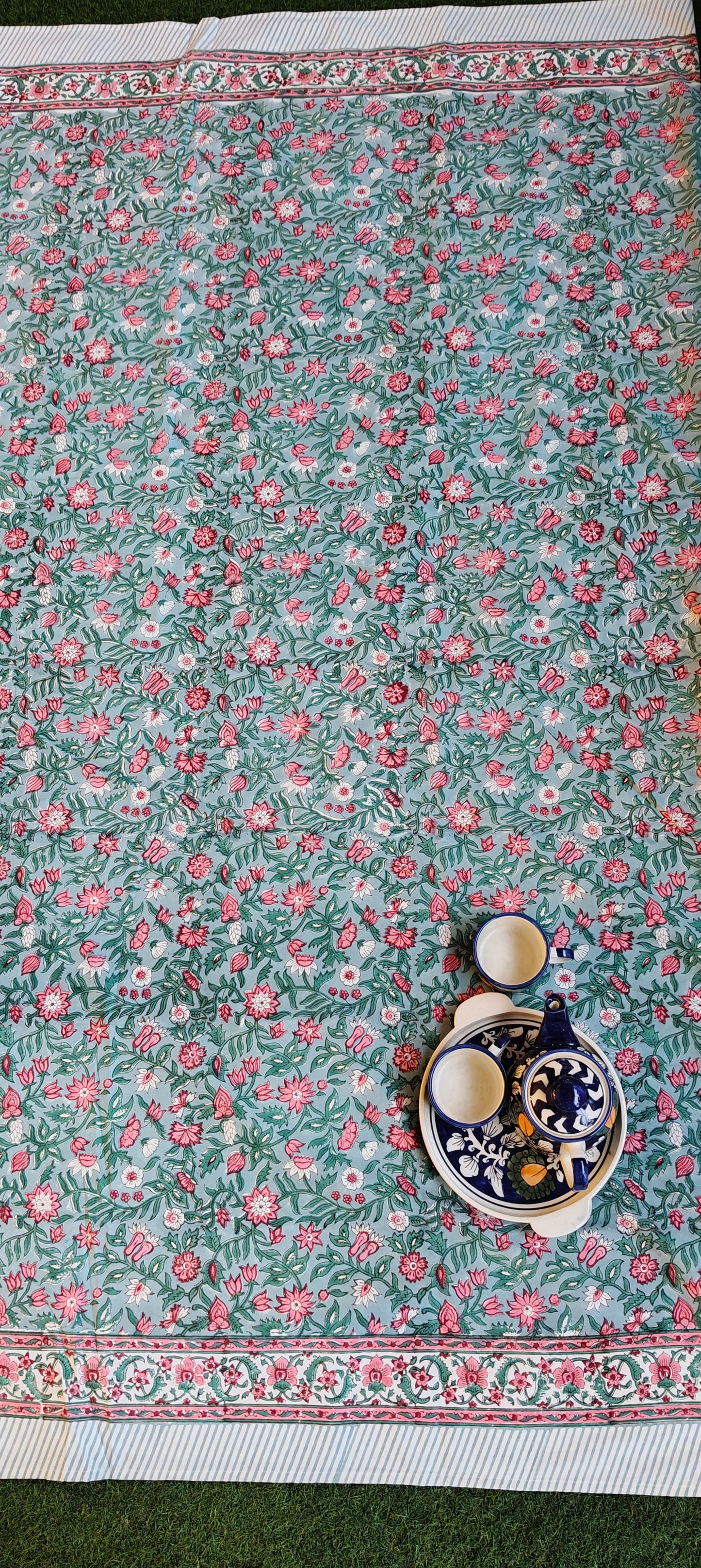 Floral hand block printed cotton 8 seater table cover with borders