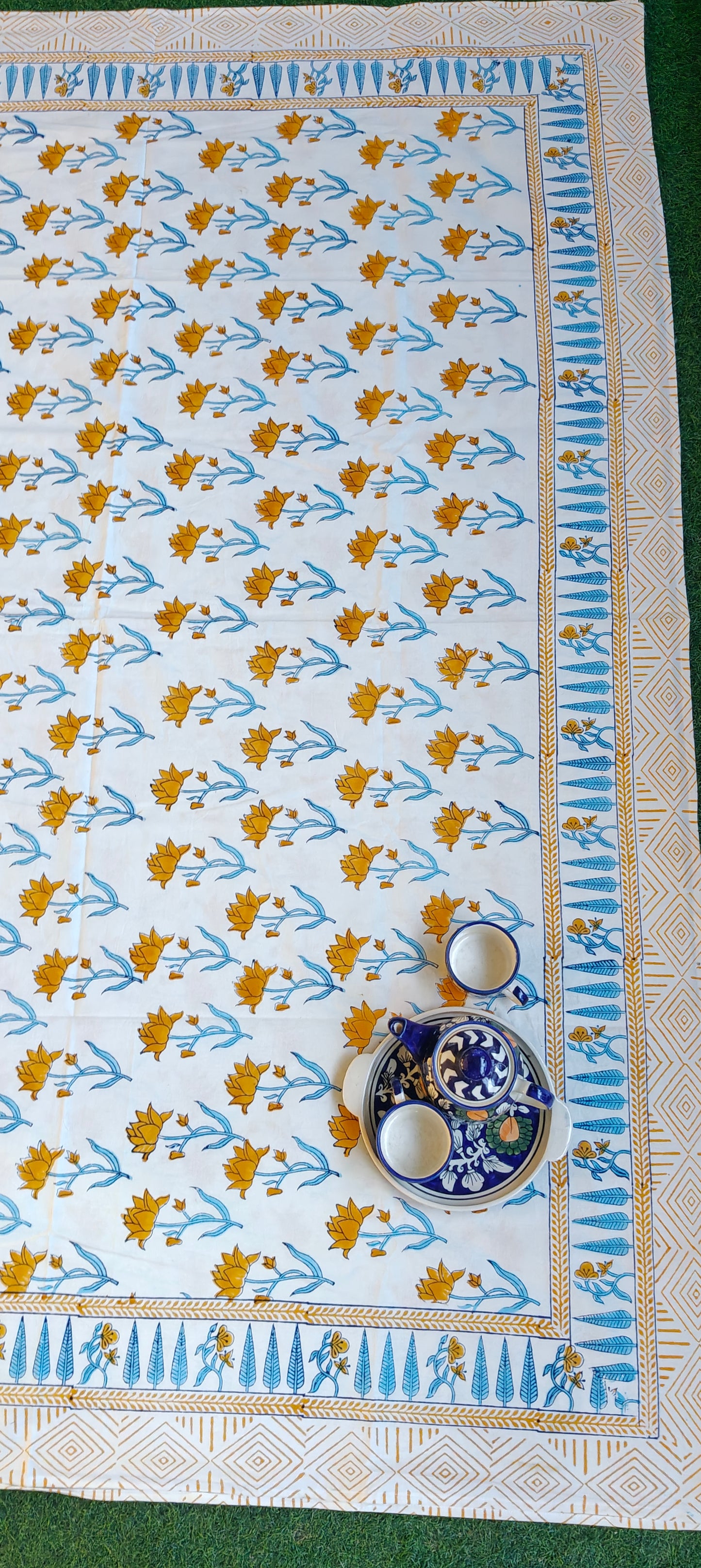 Floral hand block printed cotton 8 seater table cover with borders