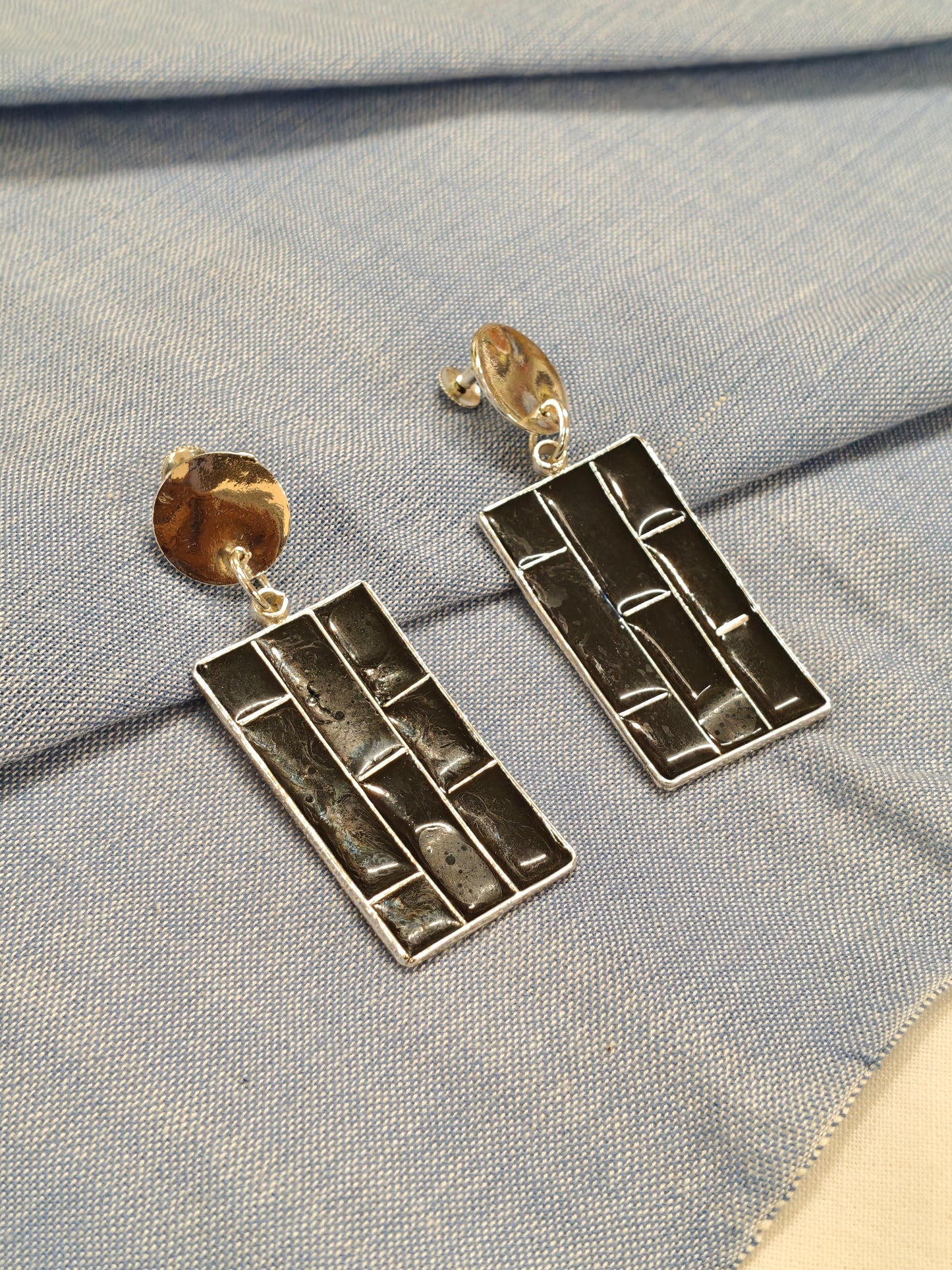 Black enamel rectangular drop earrings - handcrafted in copper