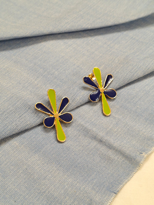 Green and blue flower / clover shaped enamel studs earrings - handcrafted in copper