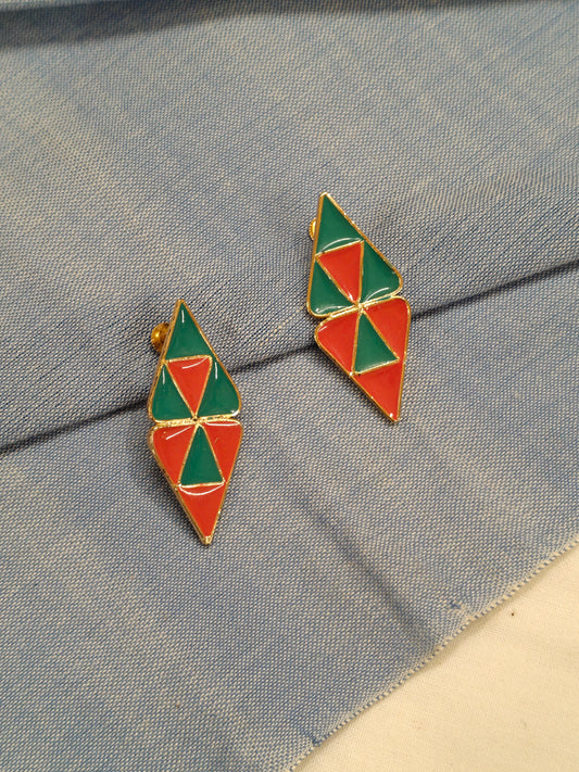 Orange green enamel rhombus made by triangles studs earrings - handcrafted in copper - available in copper, silver n gold finish