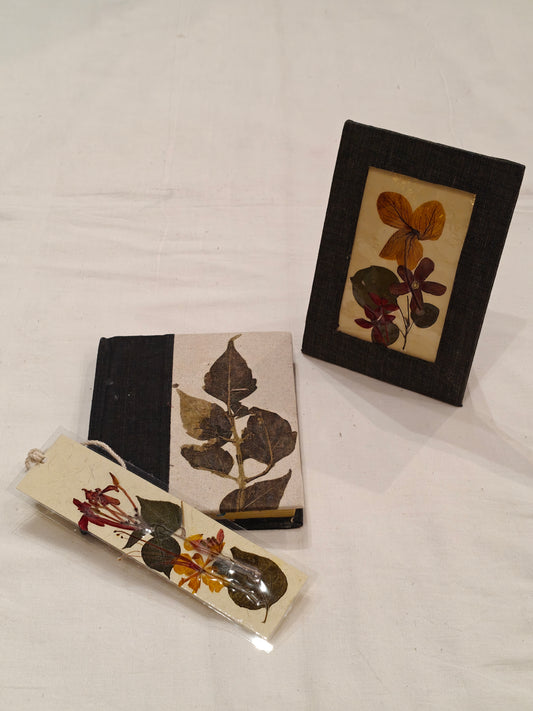 Handmade paper notebook with eco leaf printed fabric cover, hand crafted bookmark with dried flowers and a table frame pouch set