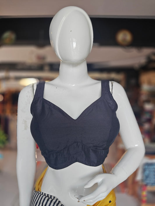 Black plain sleeveless cotton blouse with pads - back open