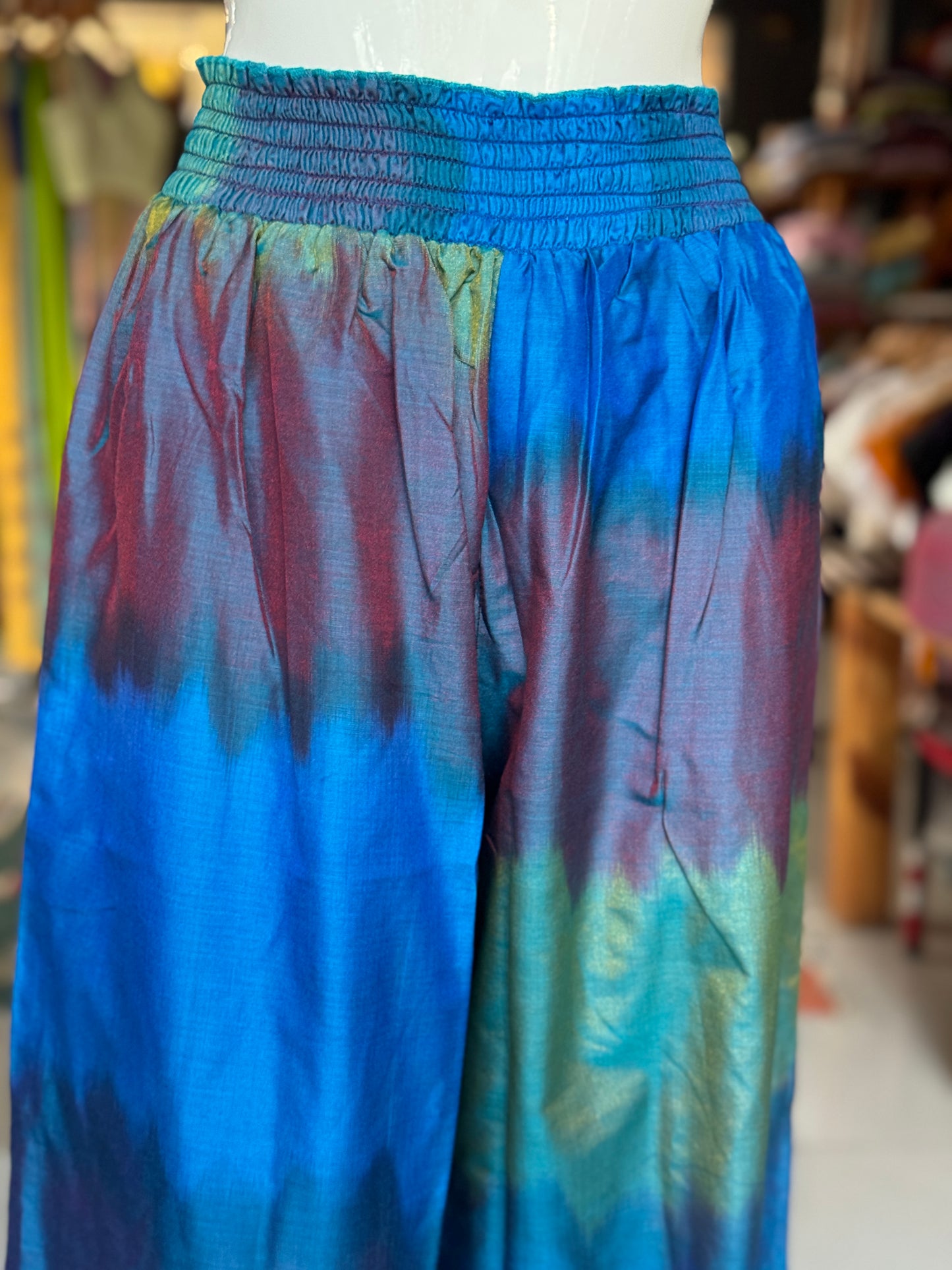 Blue tie n dye silk plazo pants with elastic waist