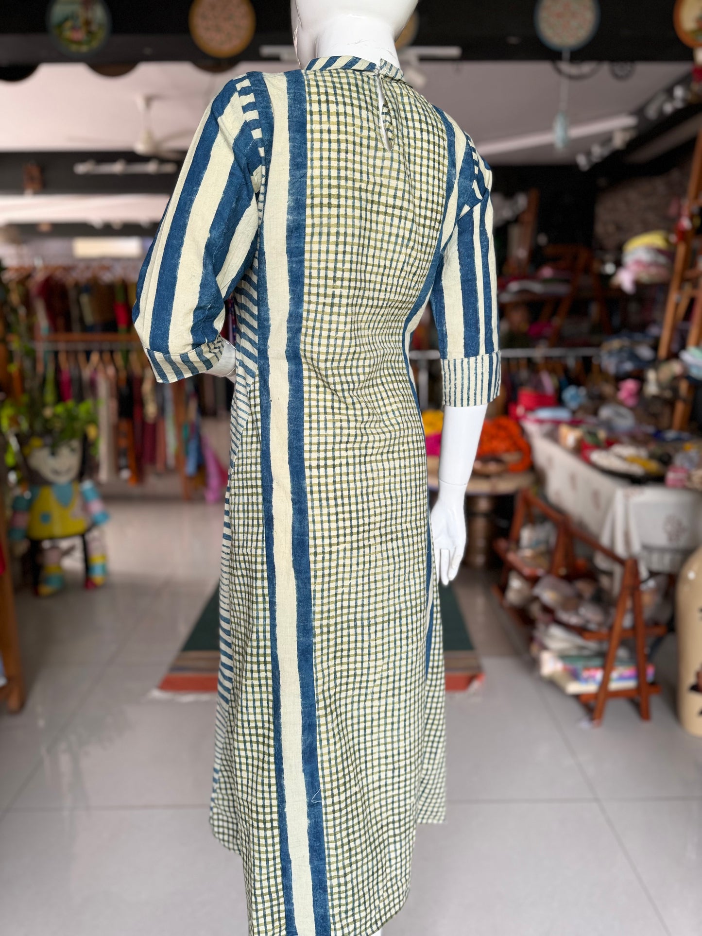 Blue green stripes and checks hand block printed designer cotton dress with band collar