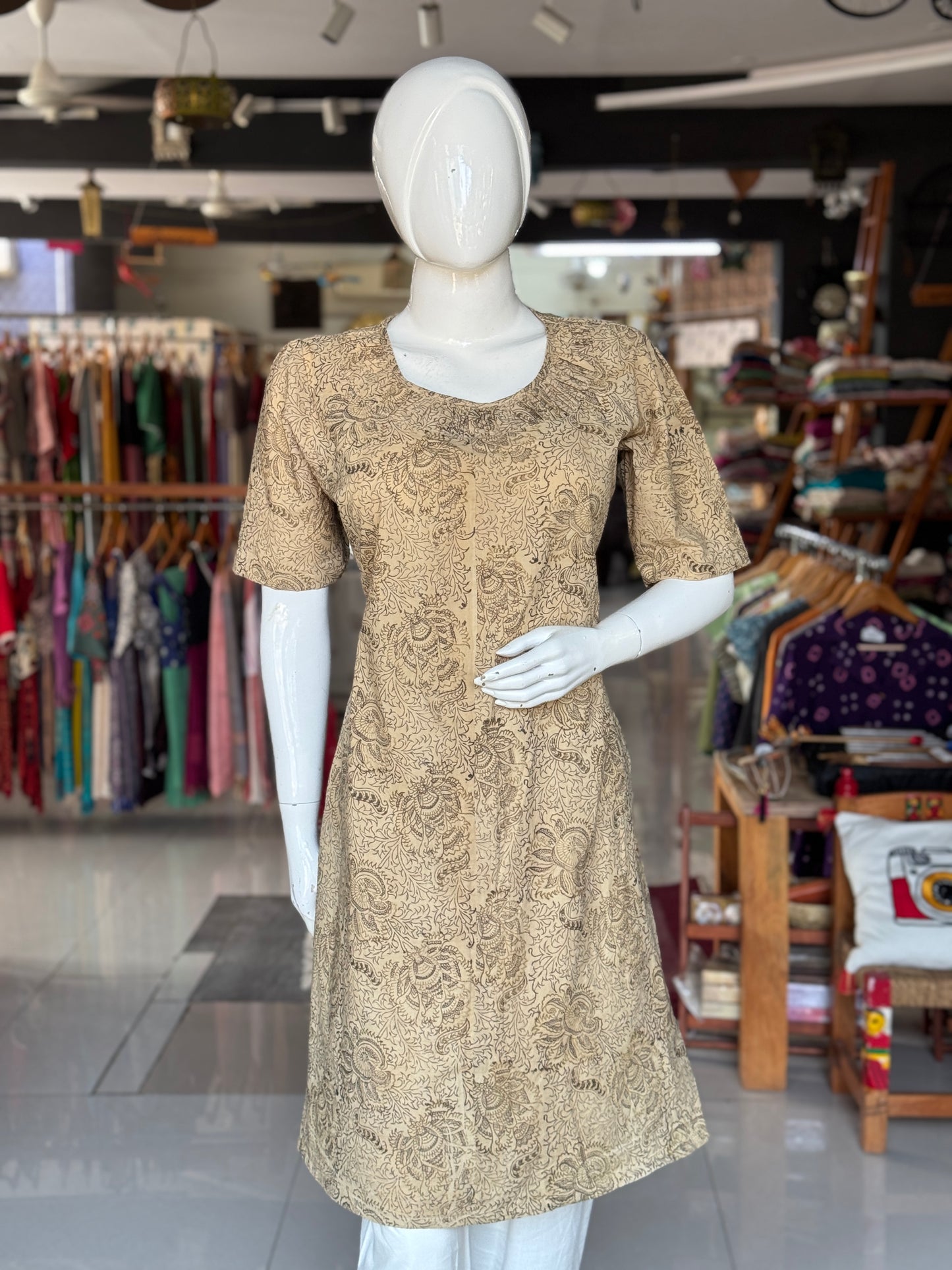 Kalamkari hand block printed cotton straight kurti with fancy neckline