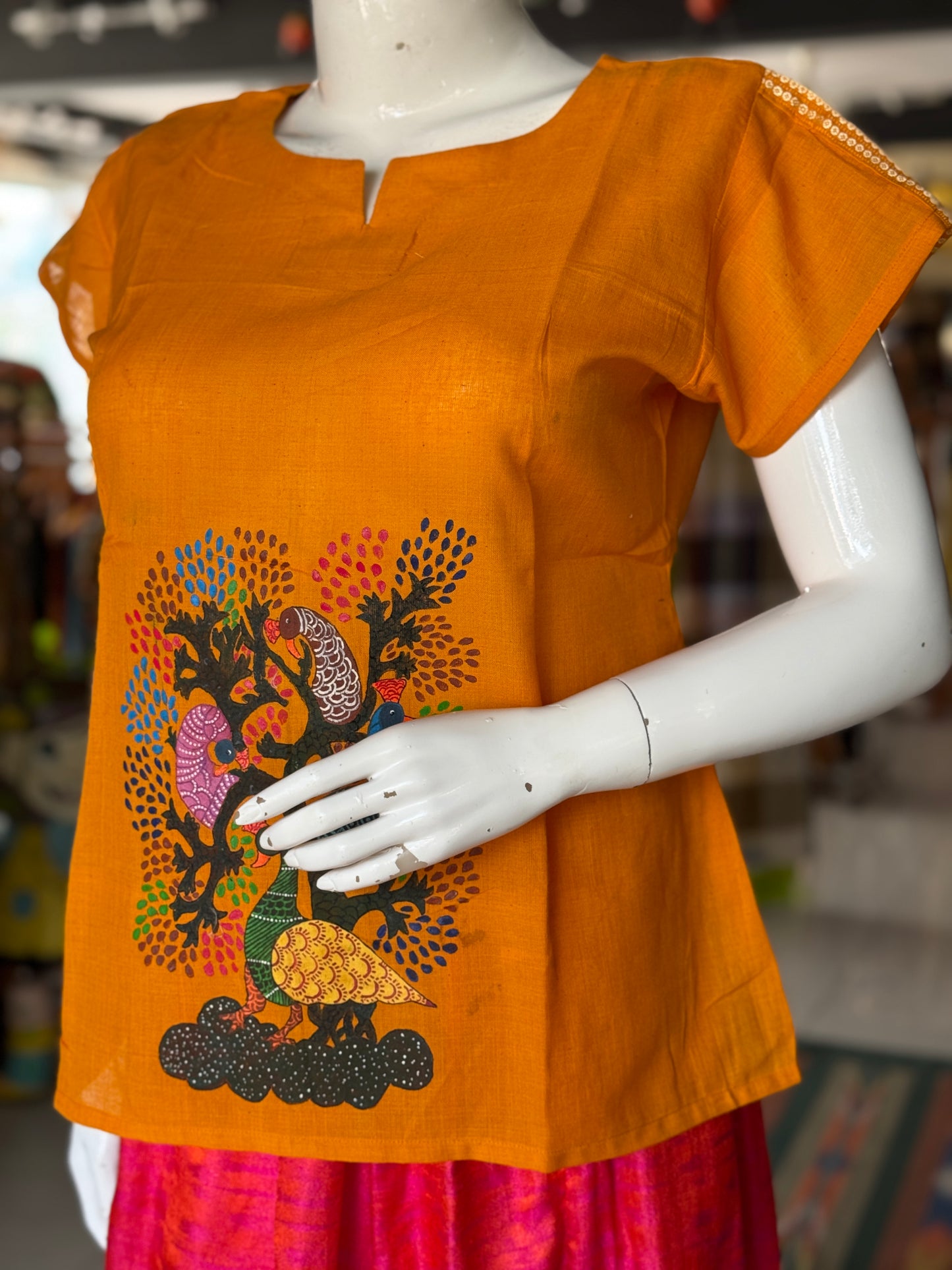 Yellow peacocks hand painted, handwoven cotton top