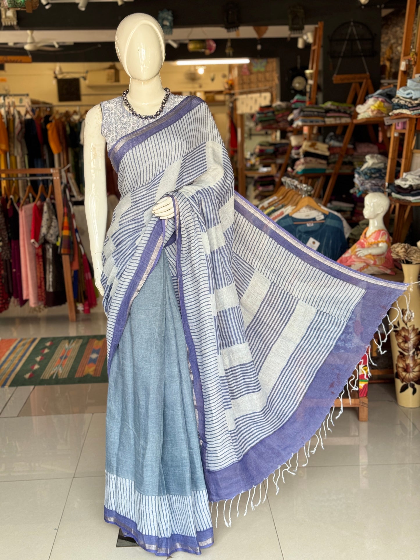 Blue stripes hand block printed linen saree