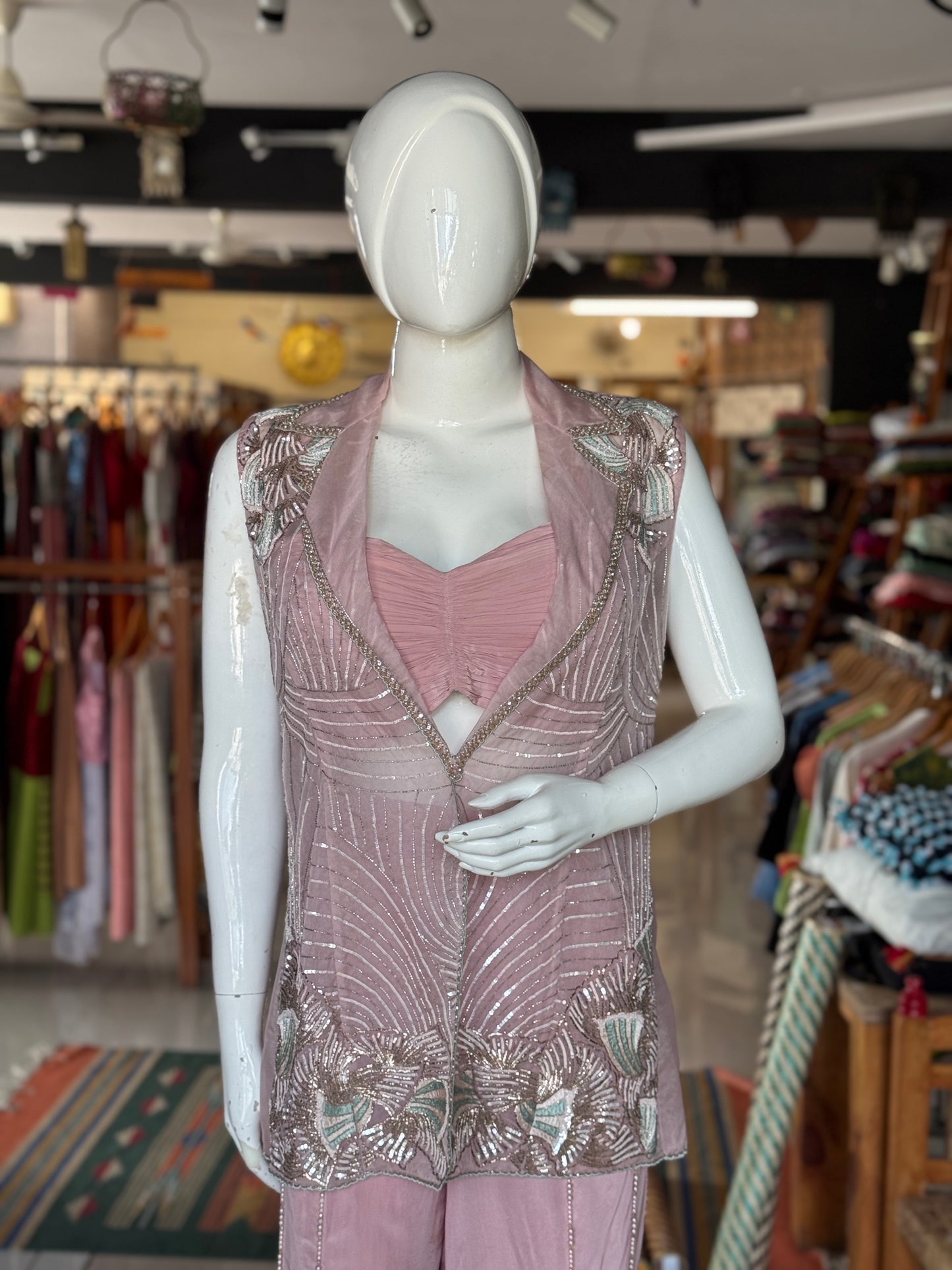 Soft pink wonder - hand embroidered organza jacket, crepe bustier and sharara - 3 piece set
