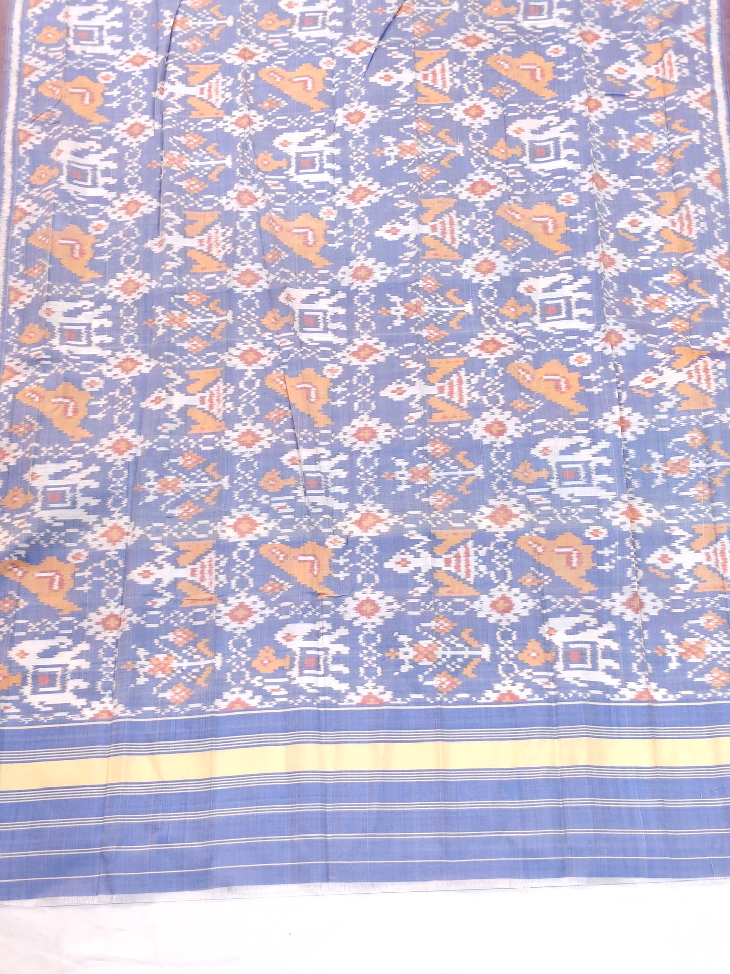 Light blue birds and elephants motifs handwoven mulberry silk ikat patola dupatta