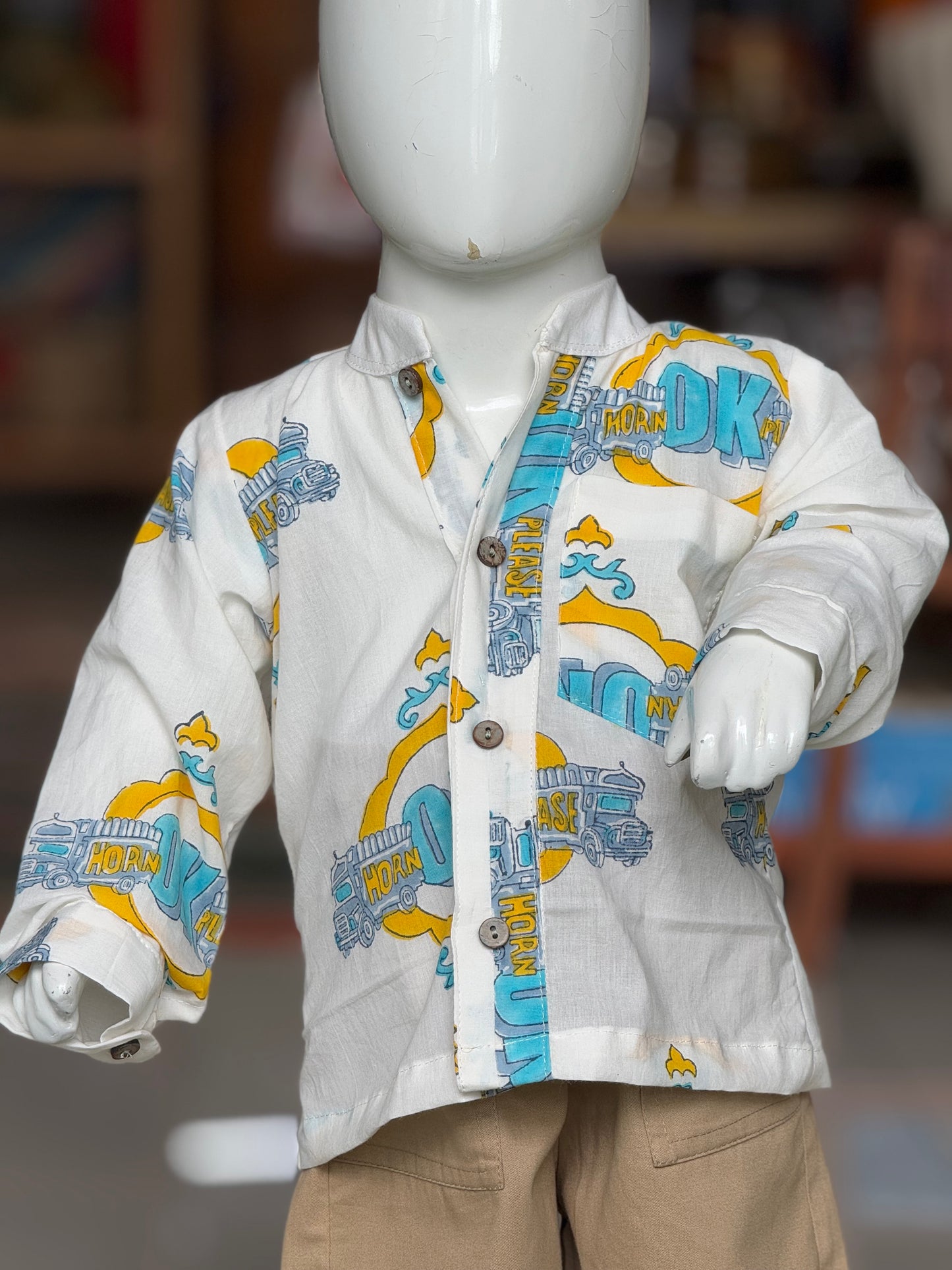 “Horn OK please” quirky hand block print cotton band collared shirt for boys