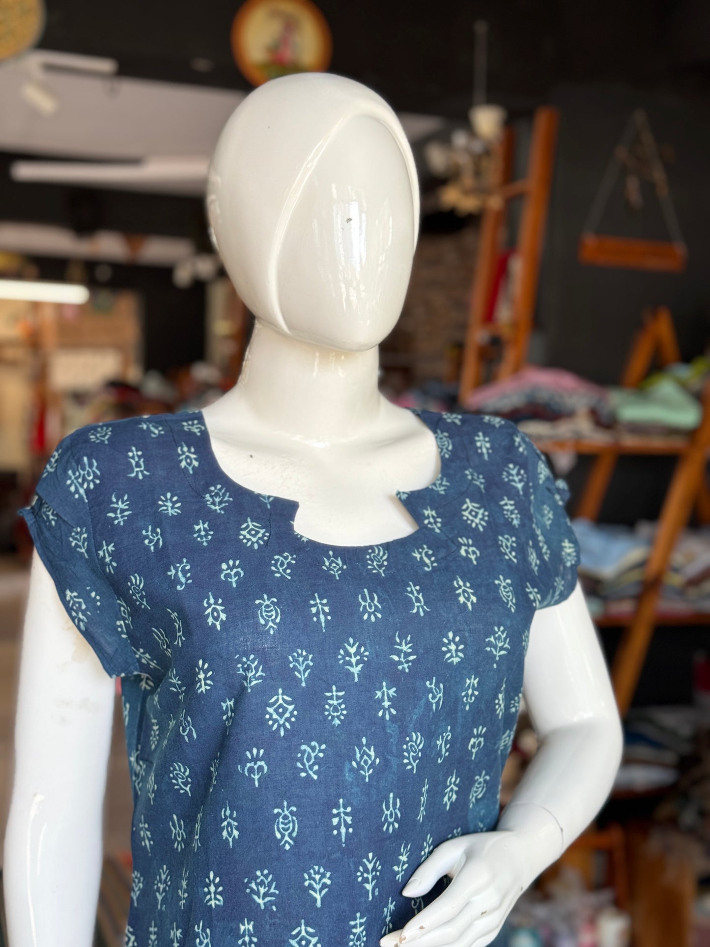 Indigo Ajrakh hand block print straight cut cotton kurti