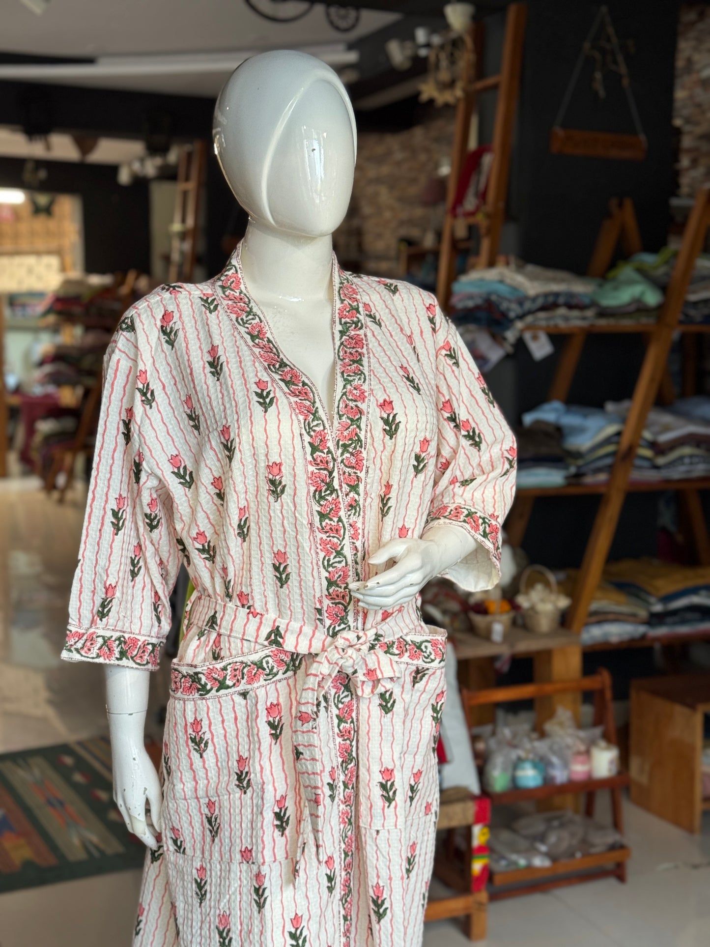 Hand block printed waffle cotton bath robe / swim suit cover up for adults - multiple designs