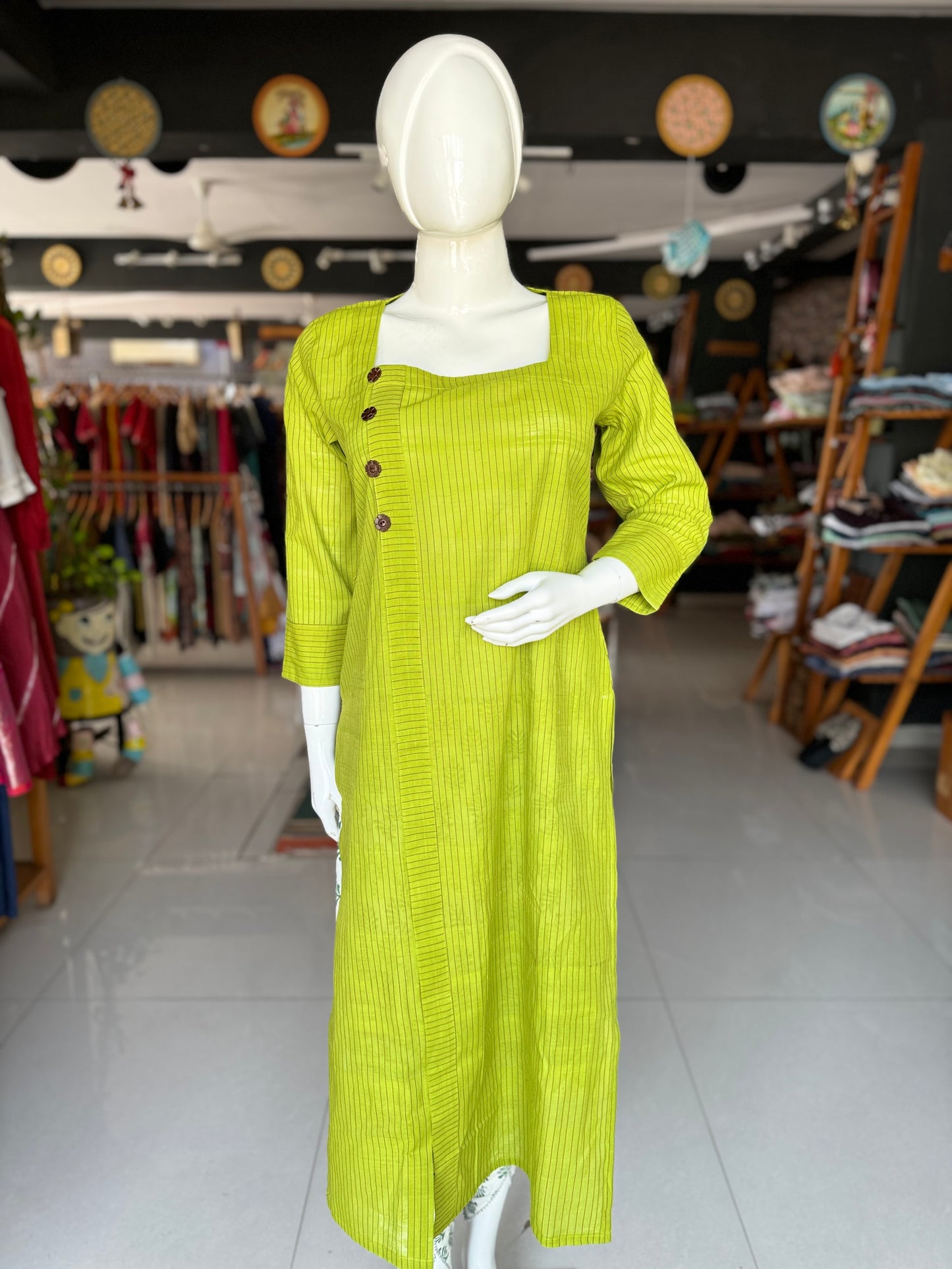 Green striped handwoven cotton straight kurti with handcrafted wooden buttons and long sleeves